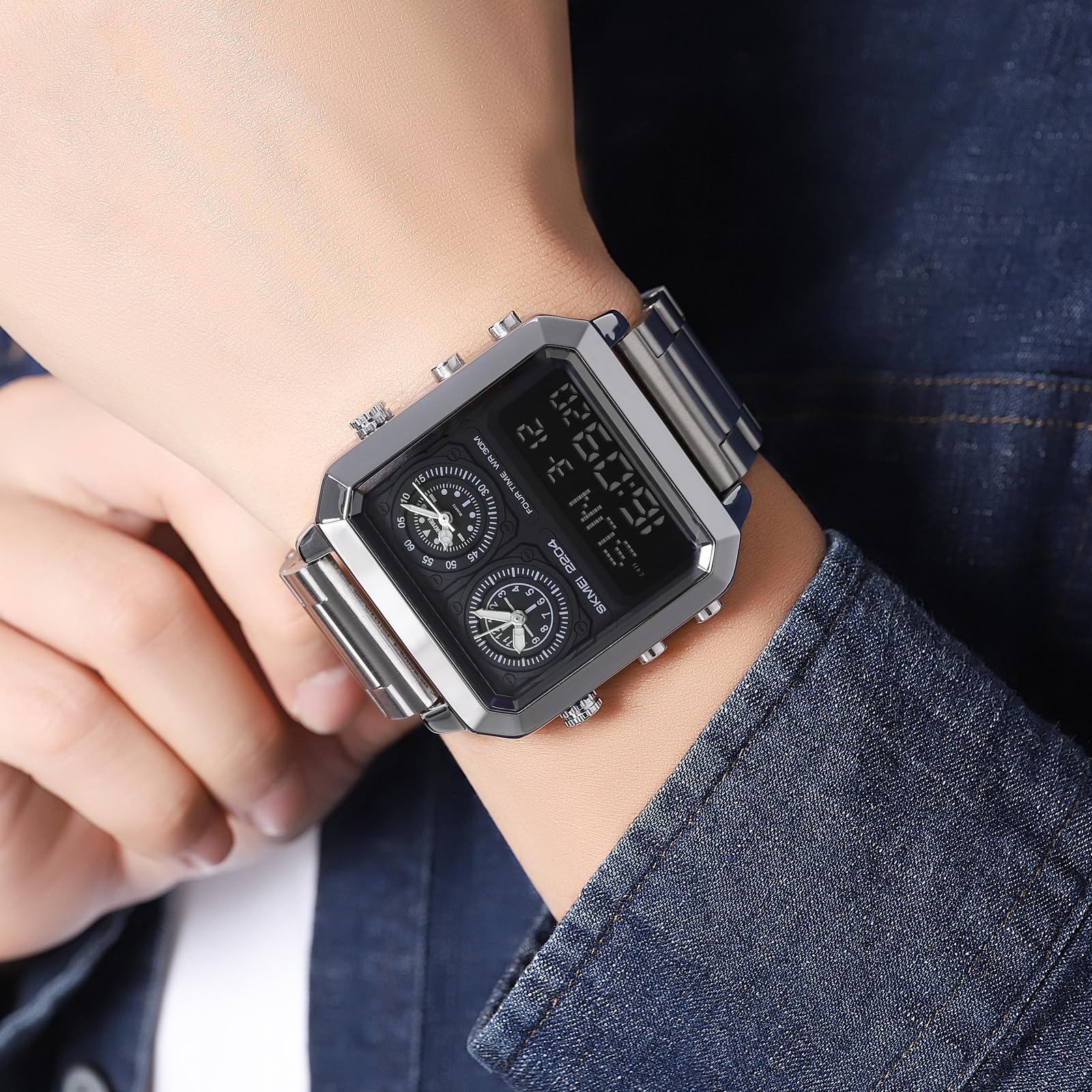 Orologio da uomo multifunzione, digitale, analogico, alla moda, casual, con luce EL, quadrante quadrato, doppio timer, conto alla rovescia, impermeabile, cinturino in acciaio inox color oro rosa