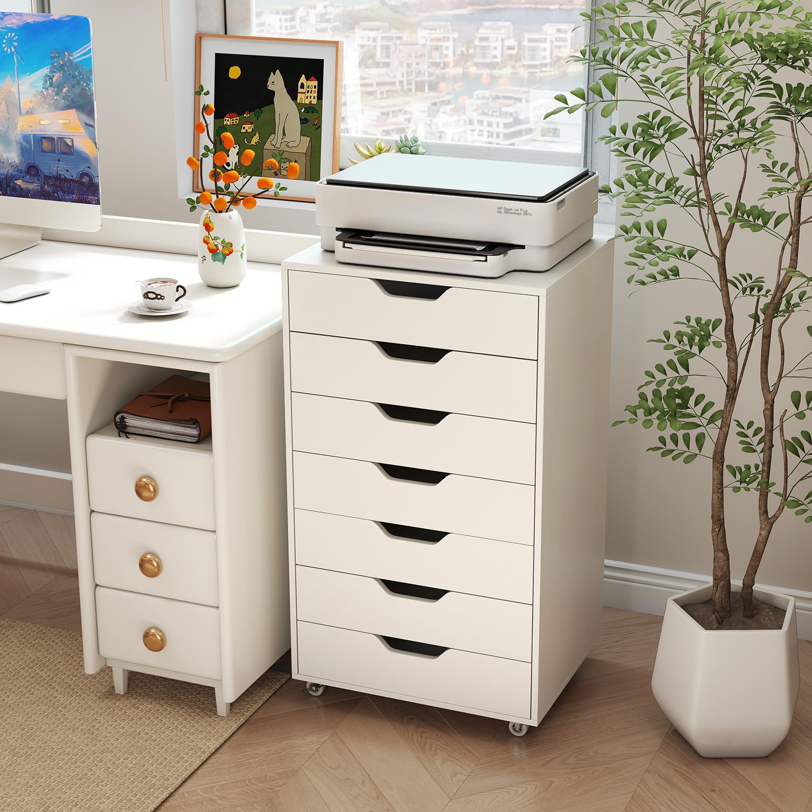 COSTWAY Cajonera Escritorio con Ruedas, 49x40x87 cm, Cajonera Oficina Móvil con 7 Cajones, Archivador Móvil de Madera para Oficina, Estudio, Salón, Dormitorio, Armario de Almacenamiento (Blanco)
