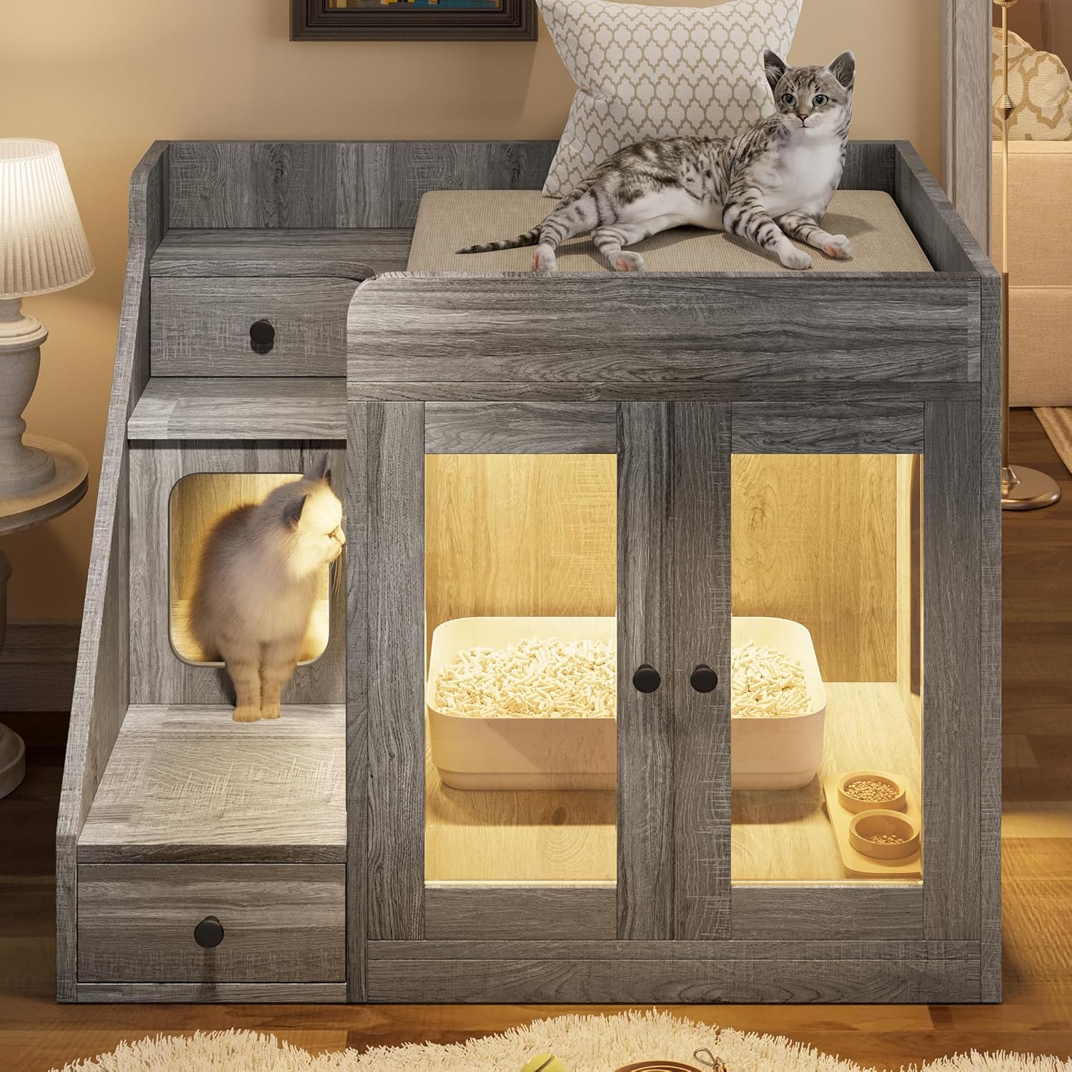 Cat Furniture Litter Box Enclosure with Light,Lounge Area, Gray Wood Finish, Hidden Litter Box Cabinet with 2 Storage Drawers,Steps, Indoor Cat House Side Table for Living Room