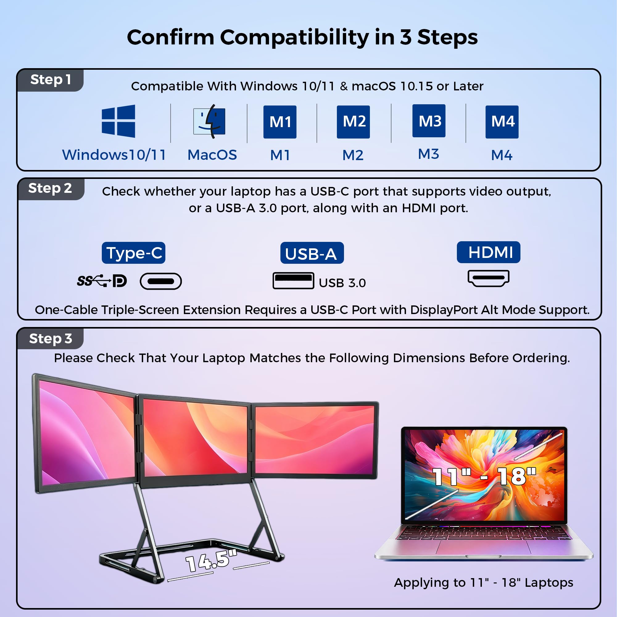 Estensore schermo per computer portatile, 15,6 pollici, FHD 1080P IPS, portatile, pieghevole, triplo monitor, estensore per monitor portatile, HDMI/USB-C, Plug n Play, per Windows, Mac