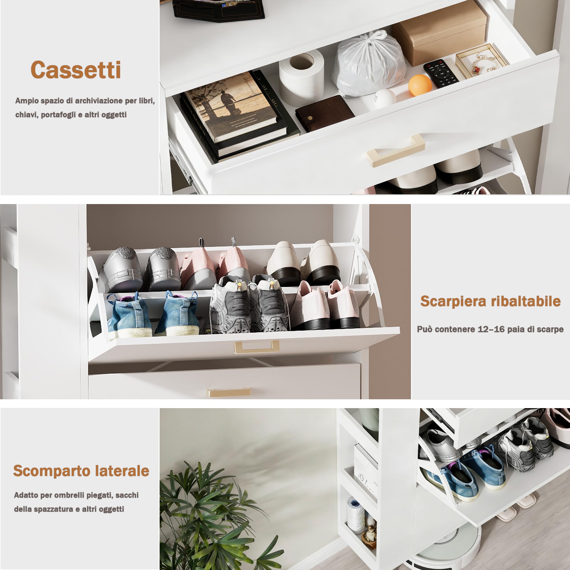 Scarpiera Salvaspazio Slim con 1 cassetto e 3 scomparti Scarpiera a 2 ante con 4 gambe in legno massello Può contenere 12-16 paia di scarpe 80x24x110cm Bianca (EUR≤45)