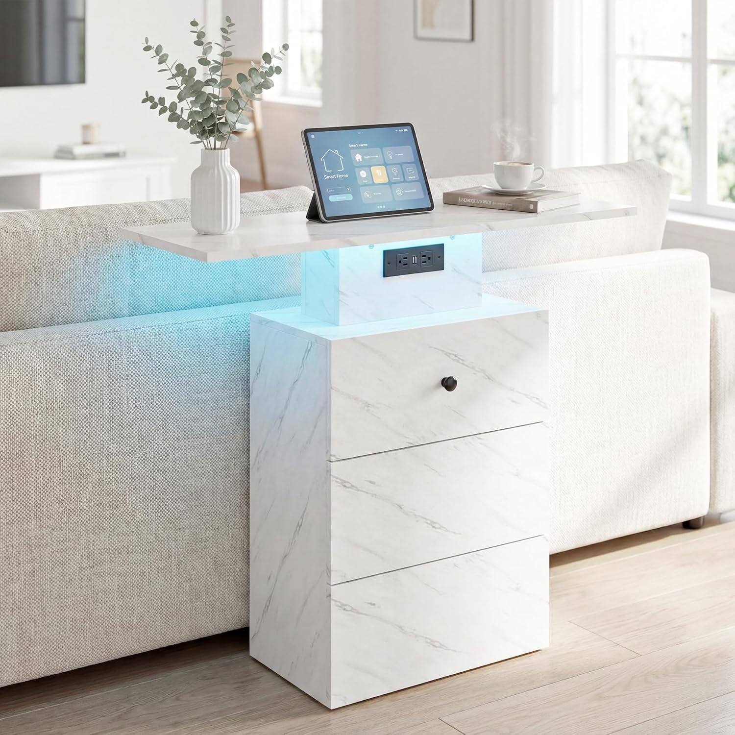 Console Tables for Entryway, Faux Marble Console Table with LED Light and Outlet, 31.5" Narrow Entryway Table with Storage Drawer, Modern Sofa Table Behind Couch for Living Room Hallway Entrance