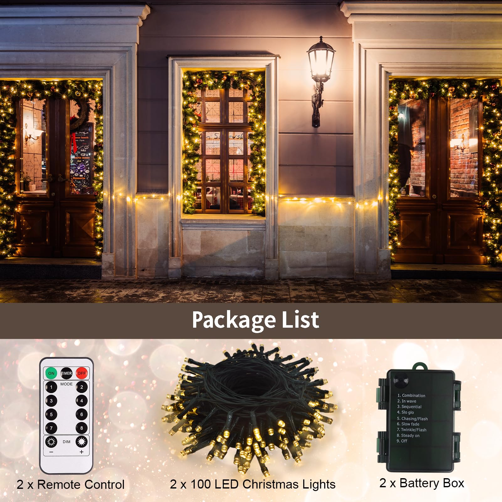 echosari Paquete de 2 tiras de luces que funcionan con pilas, 33 pies, 100 luces LED impermeables, alambre verde, luces de árbol con control remoto, temporizador de 8 modos para decoración de boda