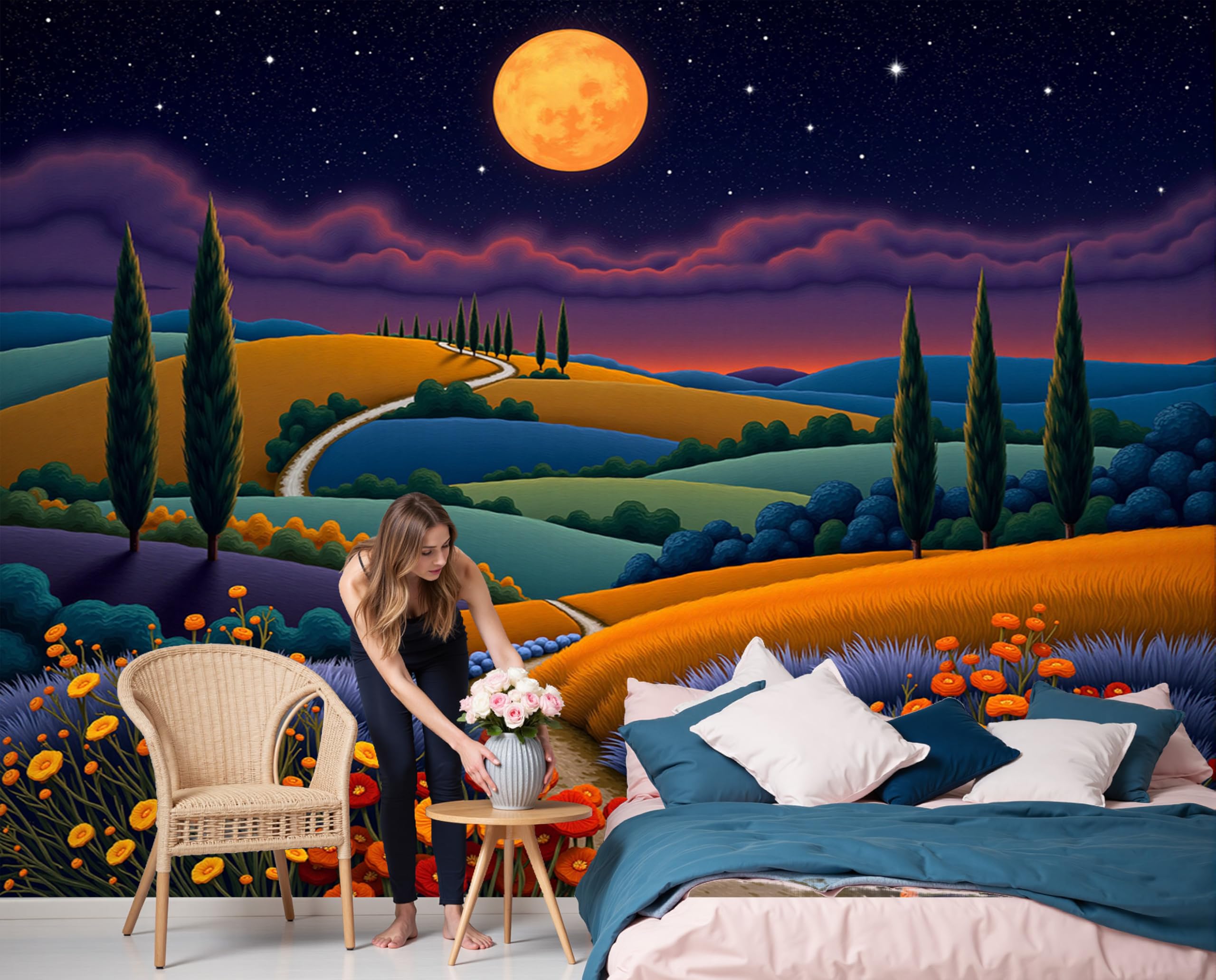 Papier peint panoramique campagne nuit 3D intissé pour chambre