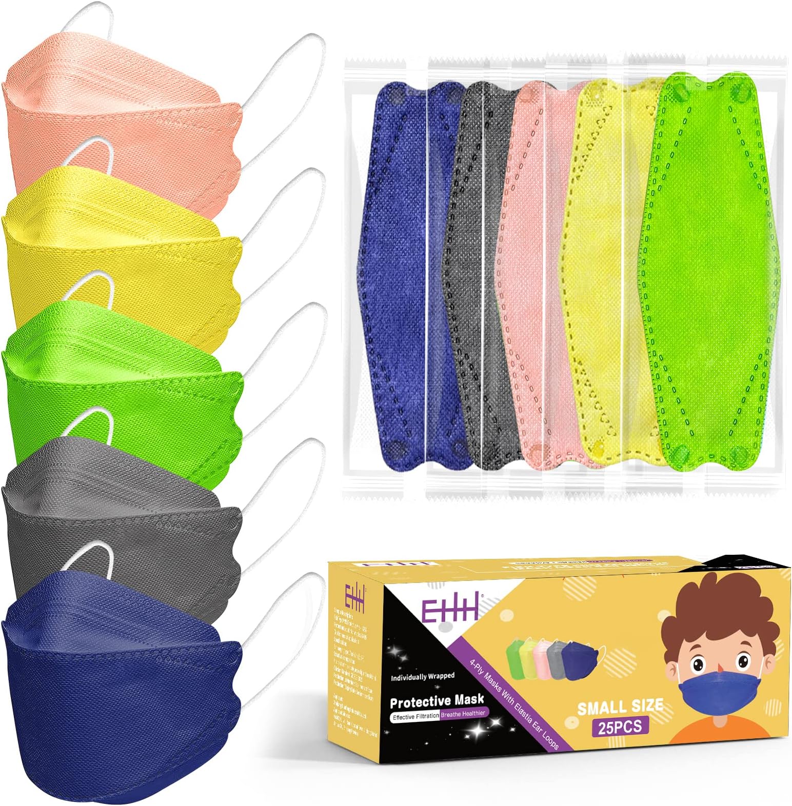 Disposable Face Masks for Kids, 4 Layers Individually Wrapped Face Masks for Boys Girls, Breathable Mask with Colored Design, Comfortable Protective Mask with Adjustable Nose Strip & Ear Loops, Children Size - 25 Pack