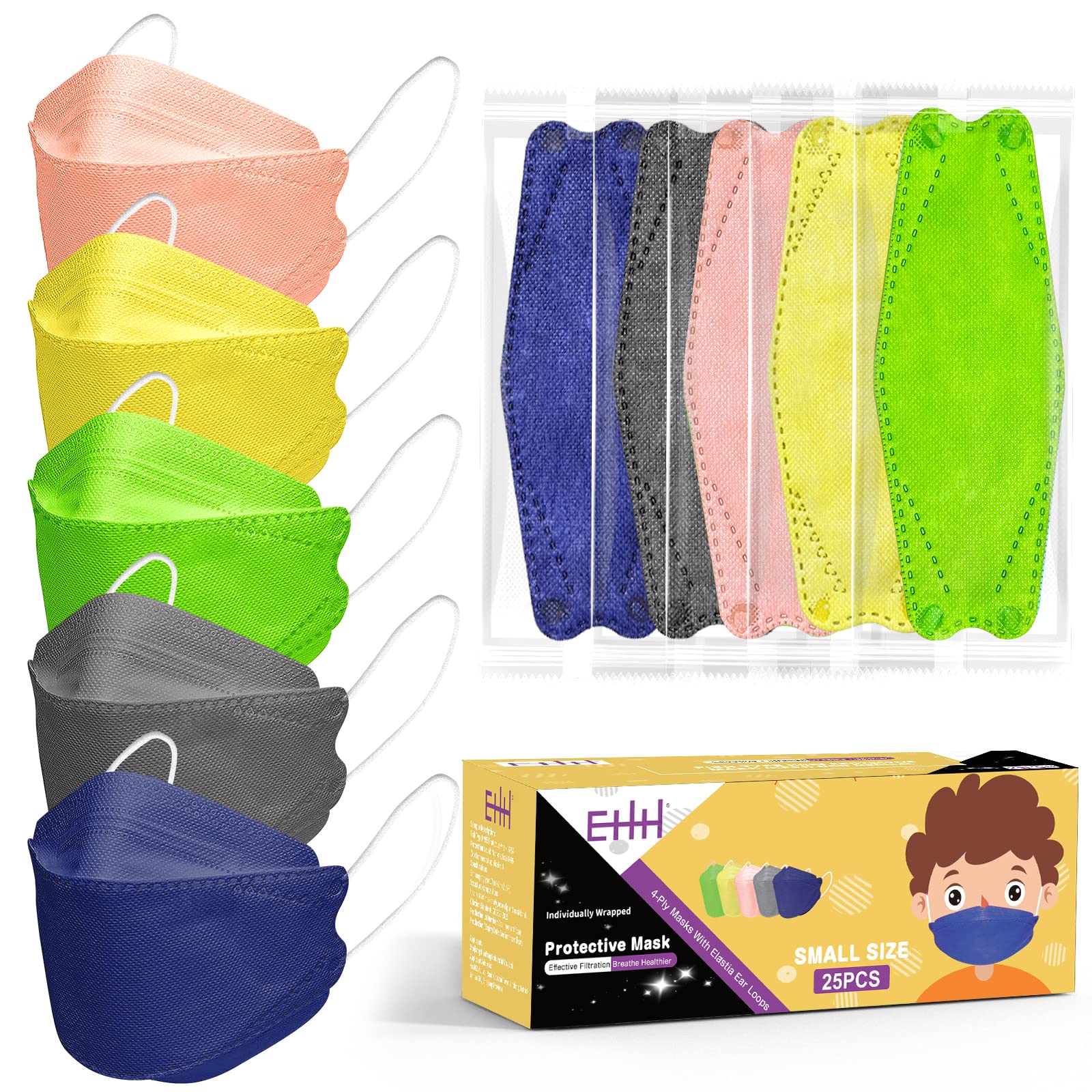 Disposable Face Masks for Kids, 4 Layers Individually Wrapped Face Masks for Boys Girls, Breathable Mask with Colored Design, Comfortable Protective Mask with Adjustable Nose Strip & Ear Loops, Children Size - 25 Pack