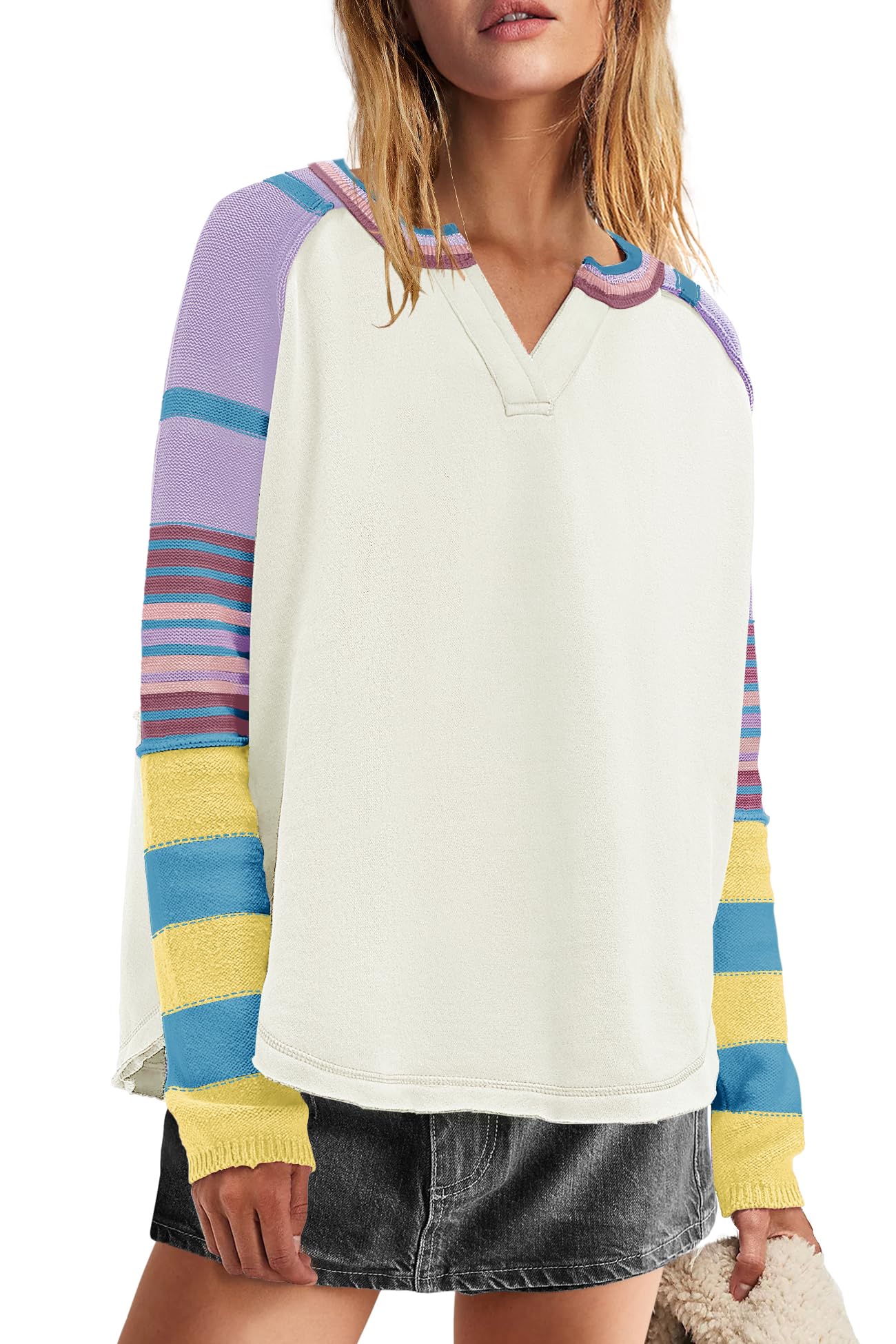 Panadila Womens Striped Long Sleeve Shirt Color Block Raglan Shirt V Neck Patchwork Pullover Tops Casual Cute Top