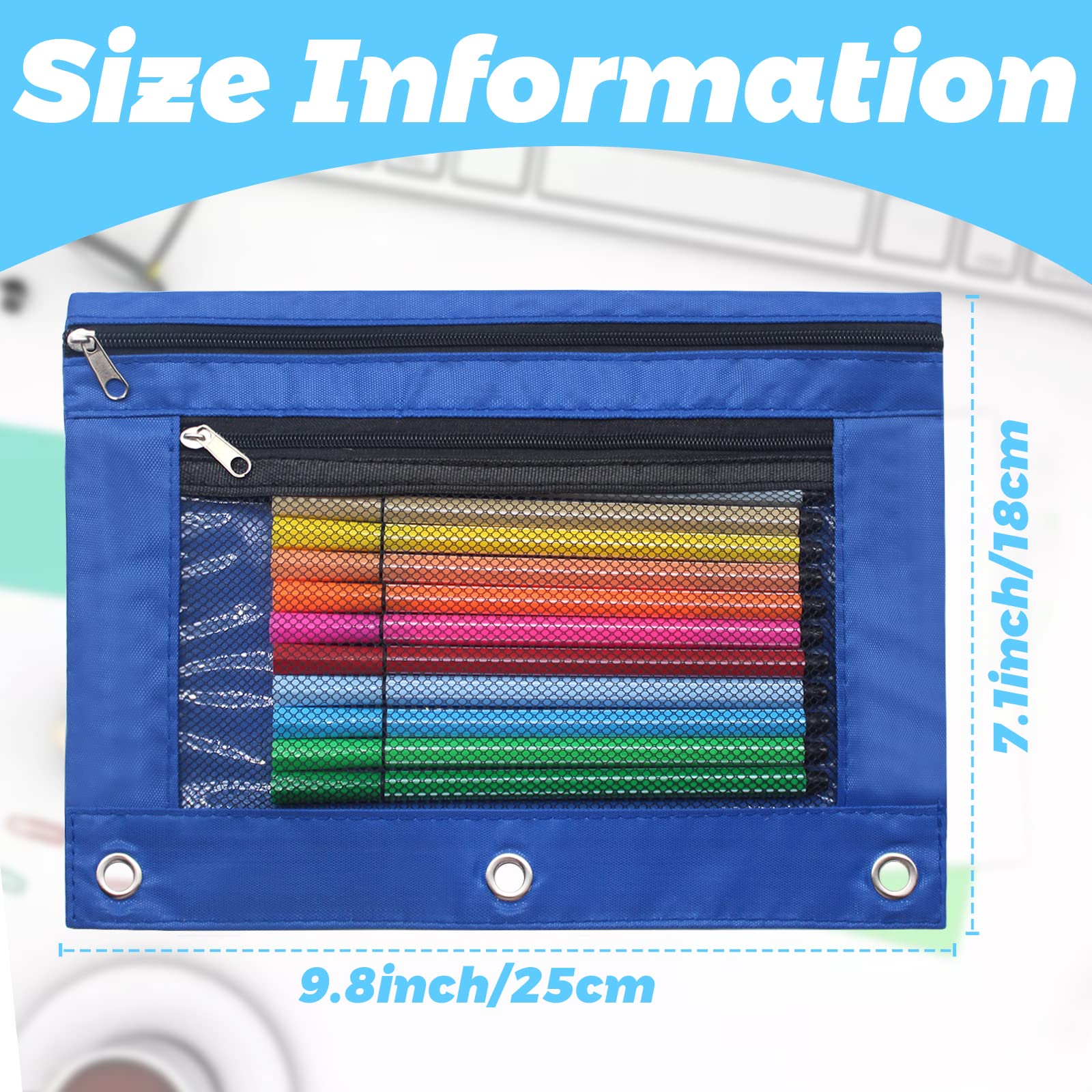 Cinvo 3 Ring Binder Pencil Pouch Zippered Pencil Case Canvas Pencil Bag with 2 Compartments (Set of 2, Blue and Black) - Image 2