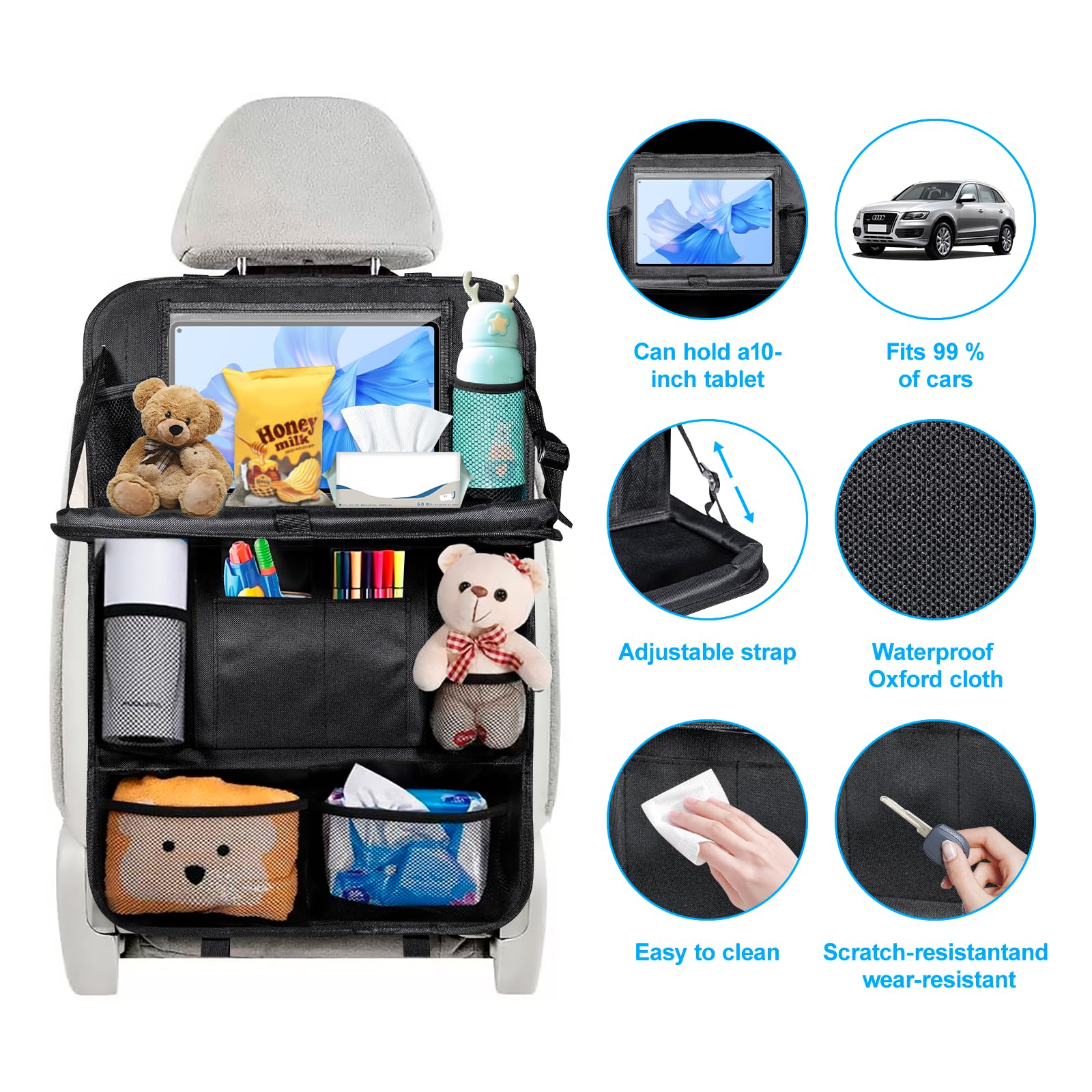 Organizer Auto Per Bambini BillyBath - Vassoio Portatablet Con 11 Tasche - Coprischienale Trasparente - Nero
