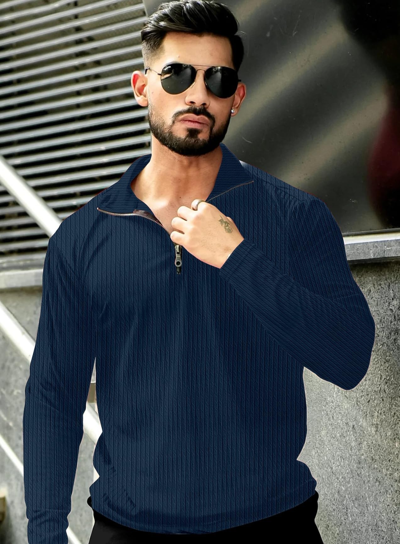 KAJARU Men's Quarter Zip Pullover T-Shirt, Cable Knit Pattern, Full Sleeve (in, Alpha, XL, Airforce) - Image 7 thumbnail