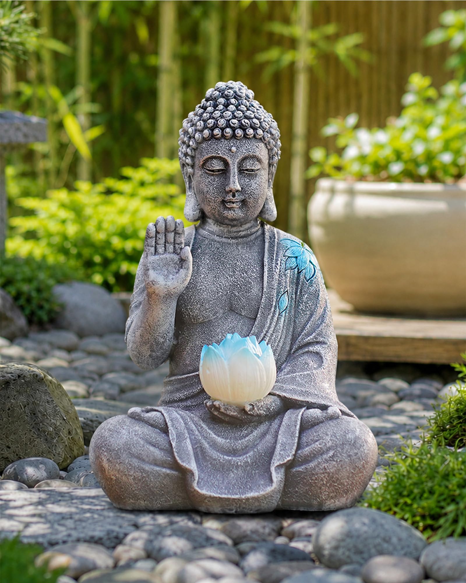 Yeomoo Statue de Bouddha avec LED solaire Lotus Décoration de jardin - Figurine de méditation résistante aux intempéries pour jardin Zen, salon Feng Shui, cadeau spirituel pour femmes, maman, hommes