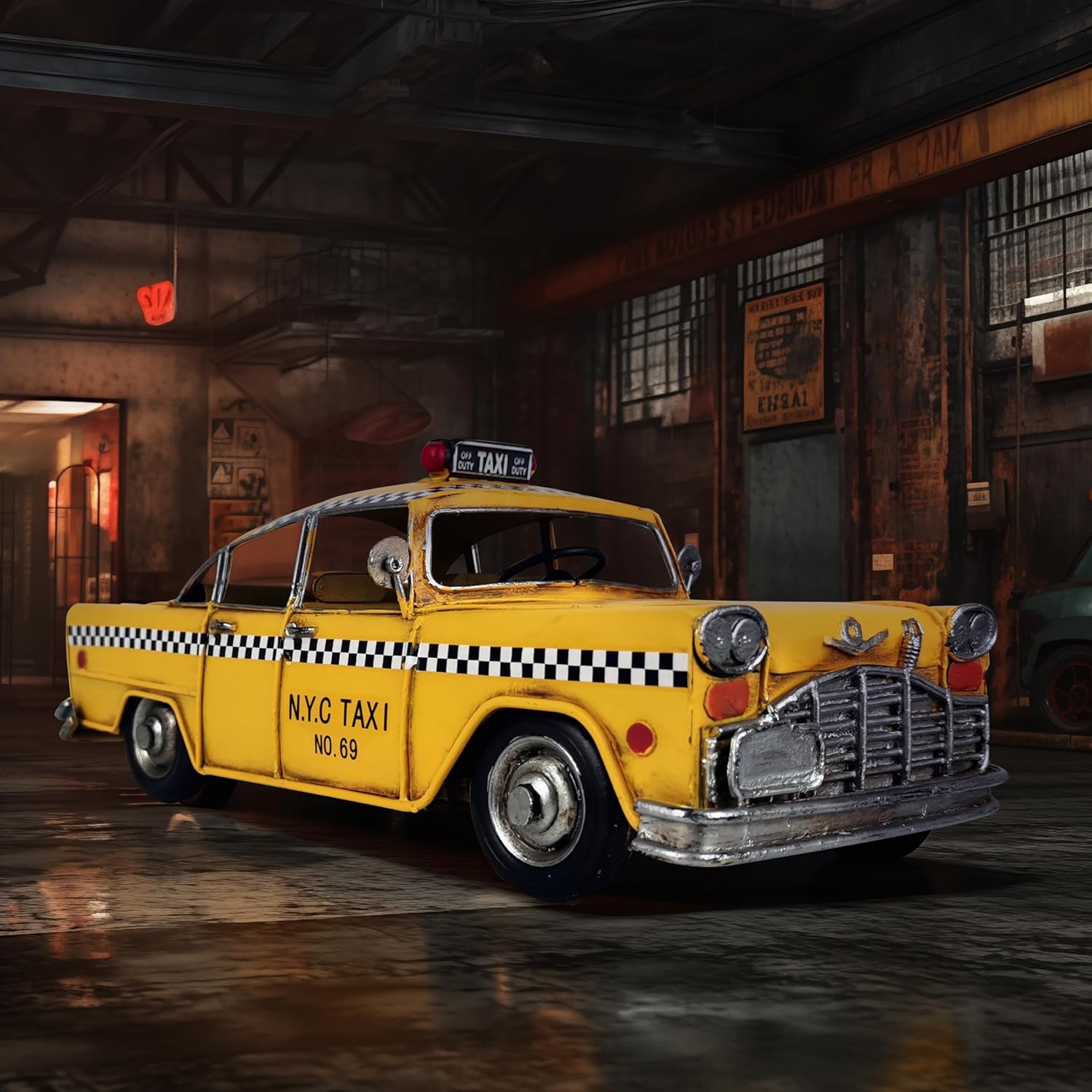 Retro Handmade Yellow NYC Classic Checkered Taxi Cab Model 11" L New York City Taxi Model Hand Made Metal Collectible Vehicle Model for Showcase Decor
