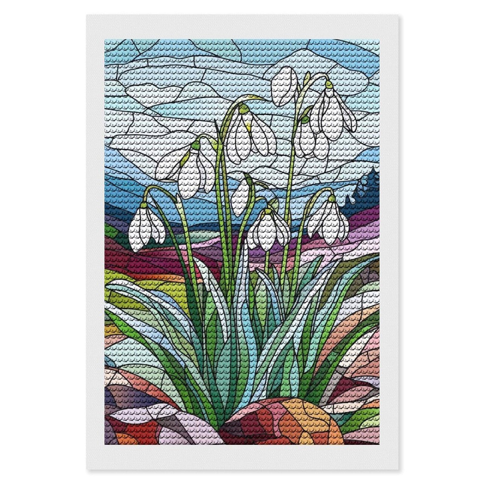 Junmoney Stained Glass Snowdrops Full Drill Diamond Painting Kit 8"x12", Mindful Craft Activity, Bedroom Decor, for Adults, Gift Idea