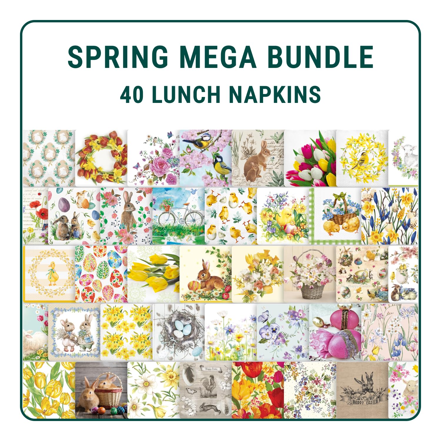 Mega Bundle of Decoupage Easter Napkins I 40 Various 3-Ply Lunch Napkins I Decorative Paper Napkins for Decoupage, Craft, Scrapbooking I Junk Journal Supplies (Spring MEGA Bundle)