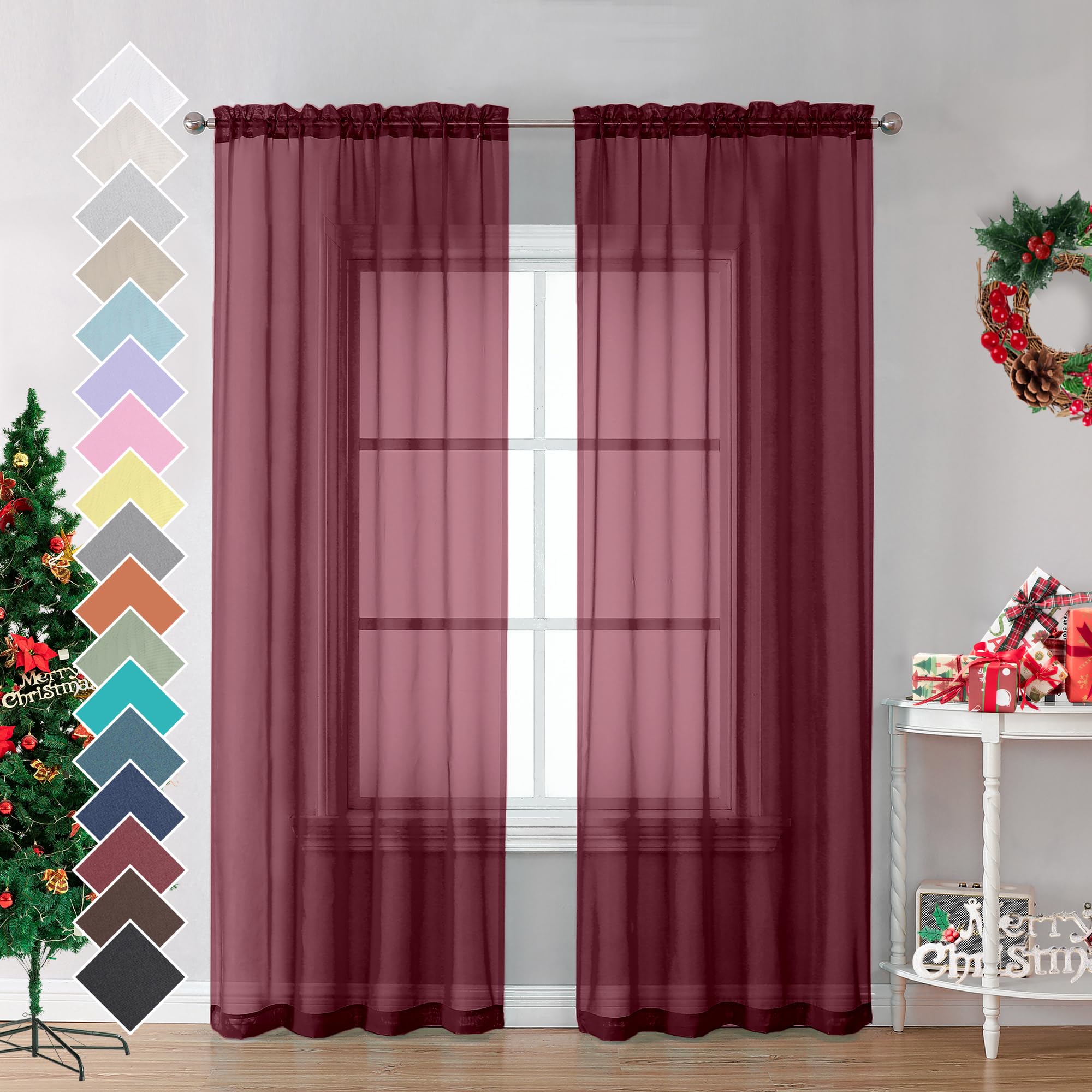 Tende Semi-Trasparenti Ricamate Miuco, Finto Lino, Occhielli, Bordeaux, 132x213 Cm (2 Pannelli)