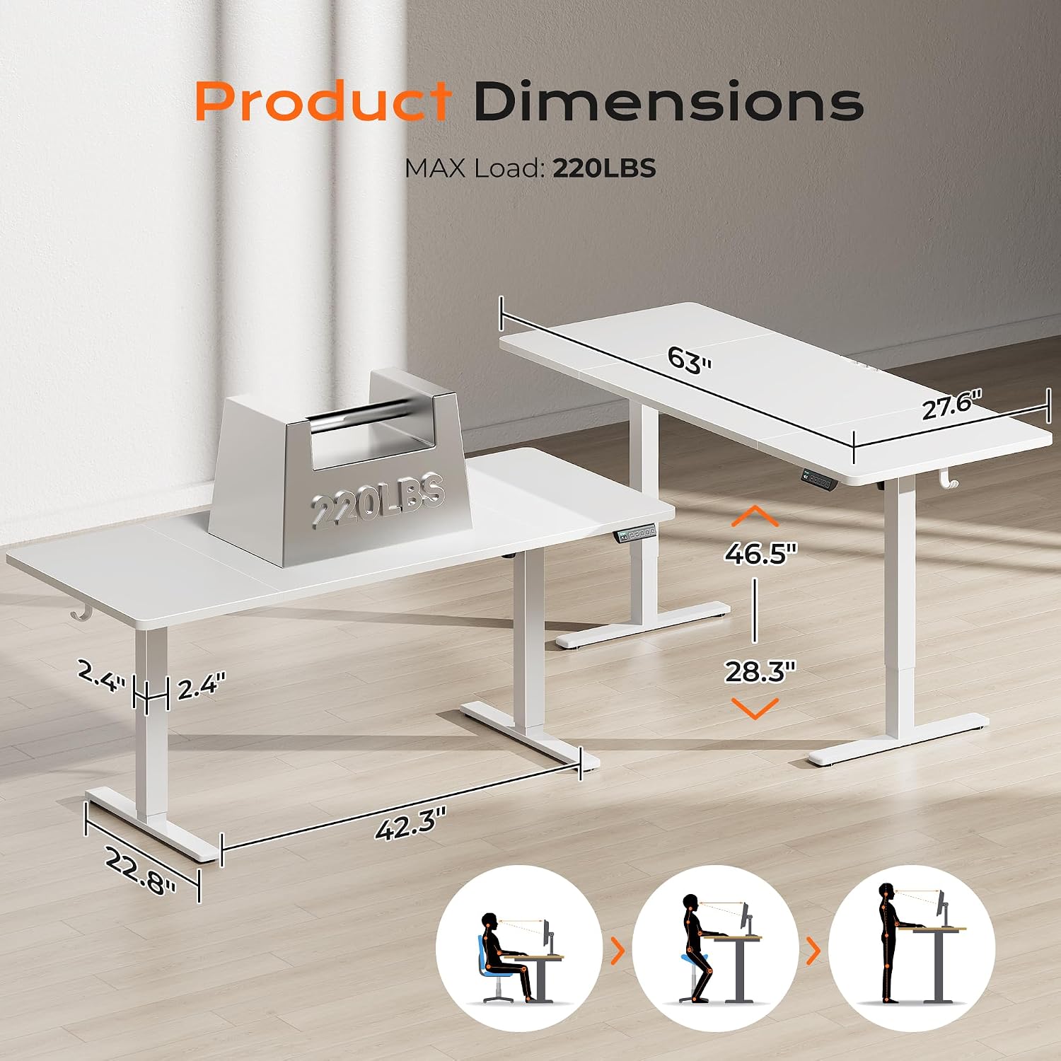 Huuger 63 x 28 Large Electric Standing Desk, Height Adjustable Computer Desk, 27.6" Deep Desktop, Stand up Gaming Office Table with 2 Hooks, 3 Preset Heights, for Home Office, White image 2
