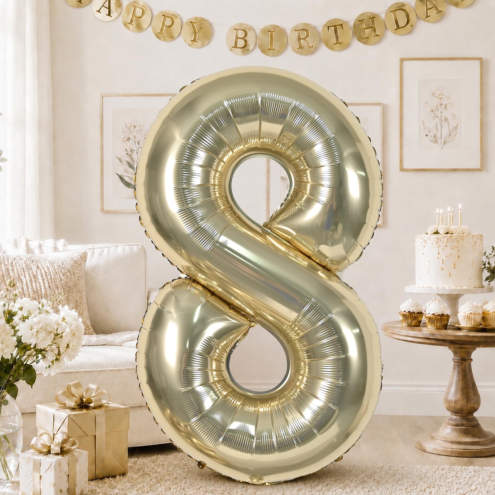 40 Inch Balloon Number 8 Champagne Gold, Large Foil Light Gold Number 8 Balloons for Men Women, Self Inflating Digital 8 Helium Balloons for Boys Girls 8th 28th Birthday Anniversary Party Decorations