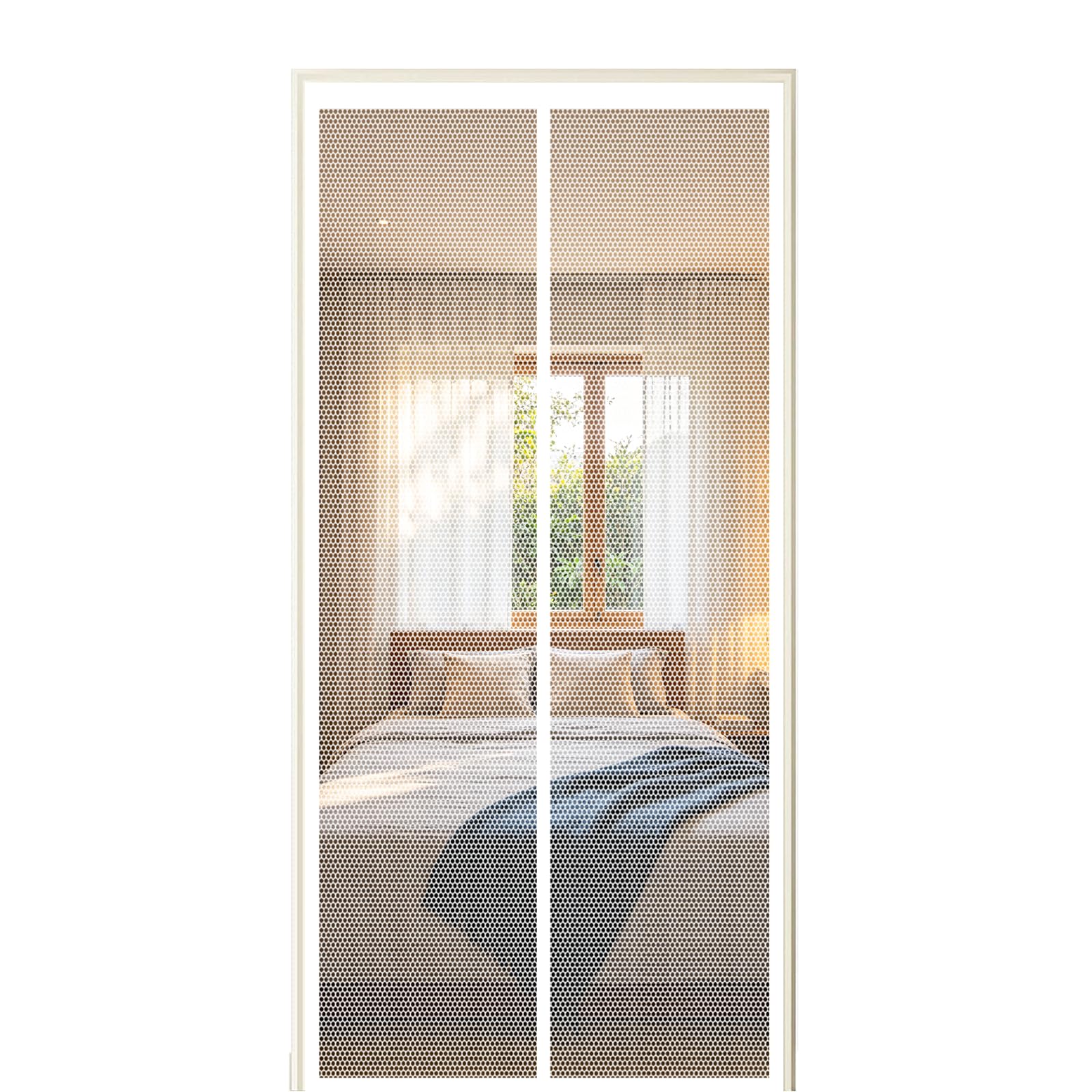 Screen Door 155 x 245 cm Self Sealing Powerful Magnets Patio Curtain Insect Mesh with Powerful Magnets & Full Frame Magic Tape Suitable for Patio Doors Balcony Bedroom, White
