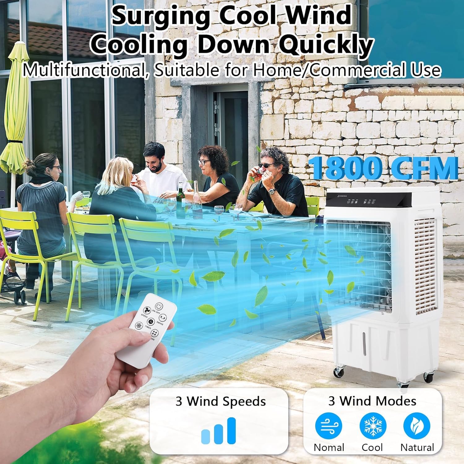 Enfriador de aire evaporativo, enfriador de pantano de 1800 CFM con control remoto, tanque de agua grande de 8.4 galones, ventilador de enfriamiento de 3 velocidades, 4 paquetes de hielo, aire 7