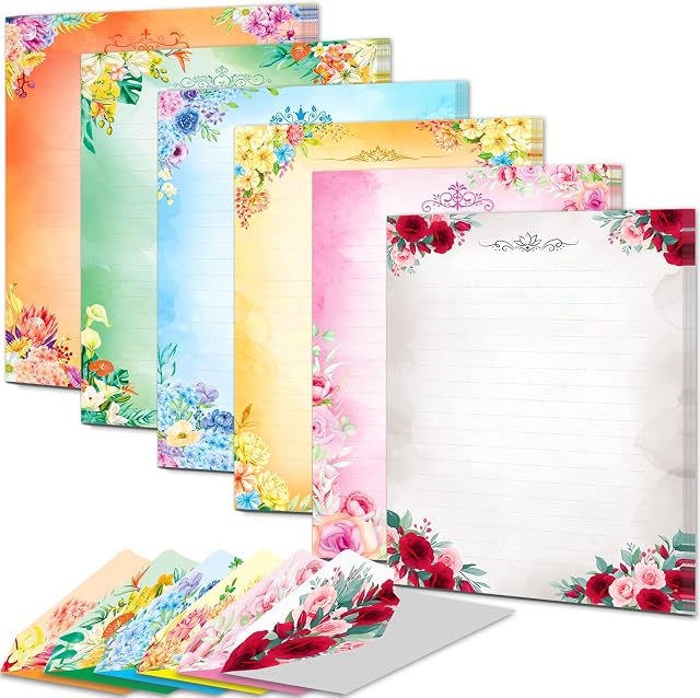Cute Stationary Writing Paper and Envelope Set Double Sides Colored, Single Side Lined 48 Sheets + 24 Pcs Envelopes, Kawaii Letter Stationery Small 5.5 x 7.5 Inch Floral Decorative Paper Letterhead