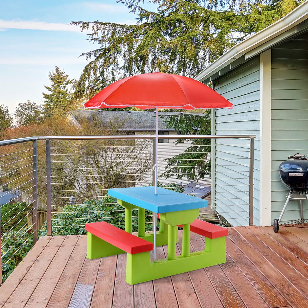 COSTWAY Table de Pique-Nique Enfants avec Parasol Amovible, Salon de Jardin Enfants avec 1 Table et 2 Bancs Colorées, Cadre Solide pour Jardin Terrasse Patio, 107 x 107 x 137 CM
