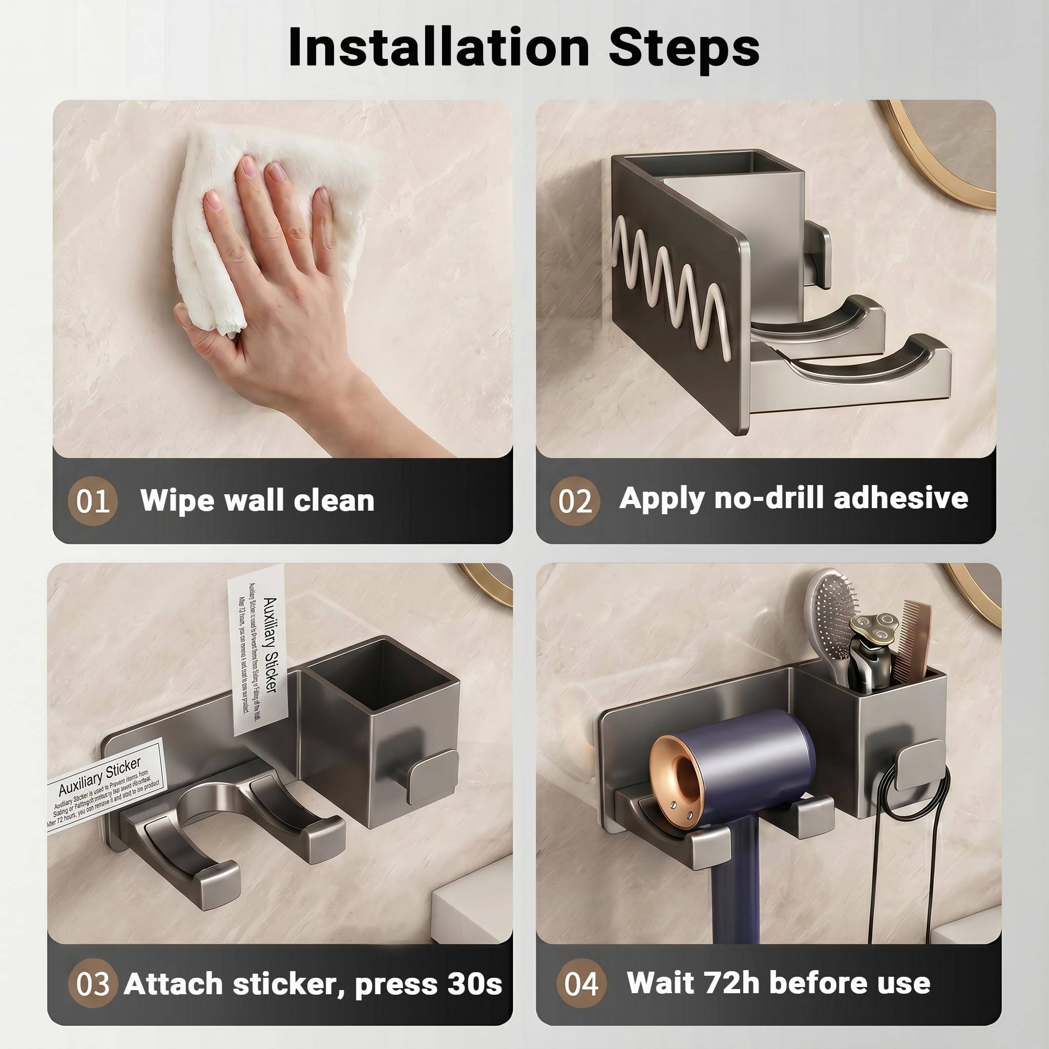 XQ&XG Supporto da Parete per asciugacapelli in Alluminio | Installazione adesiva senza fori, vano portaoggetti, avvolgicavo, supporto curvo con protezione silicone