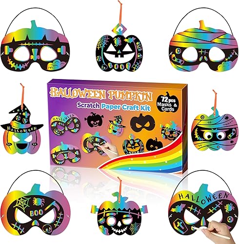 BeYumi Juego de 72 piezas de papel de rascar de calabaza de Halloween para niños, papel mágico para rascar, tarjetas de máscara de manualidades,