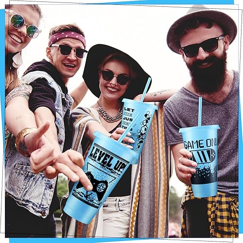 Vista 62 de Mifoci Vasos de plástico para videojuegos con tapas y pajitas, vaso reutilizable con tapa y pajita, lindo vaso de viaje para café helado, botella