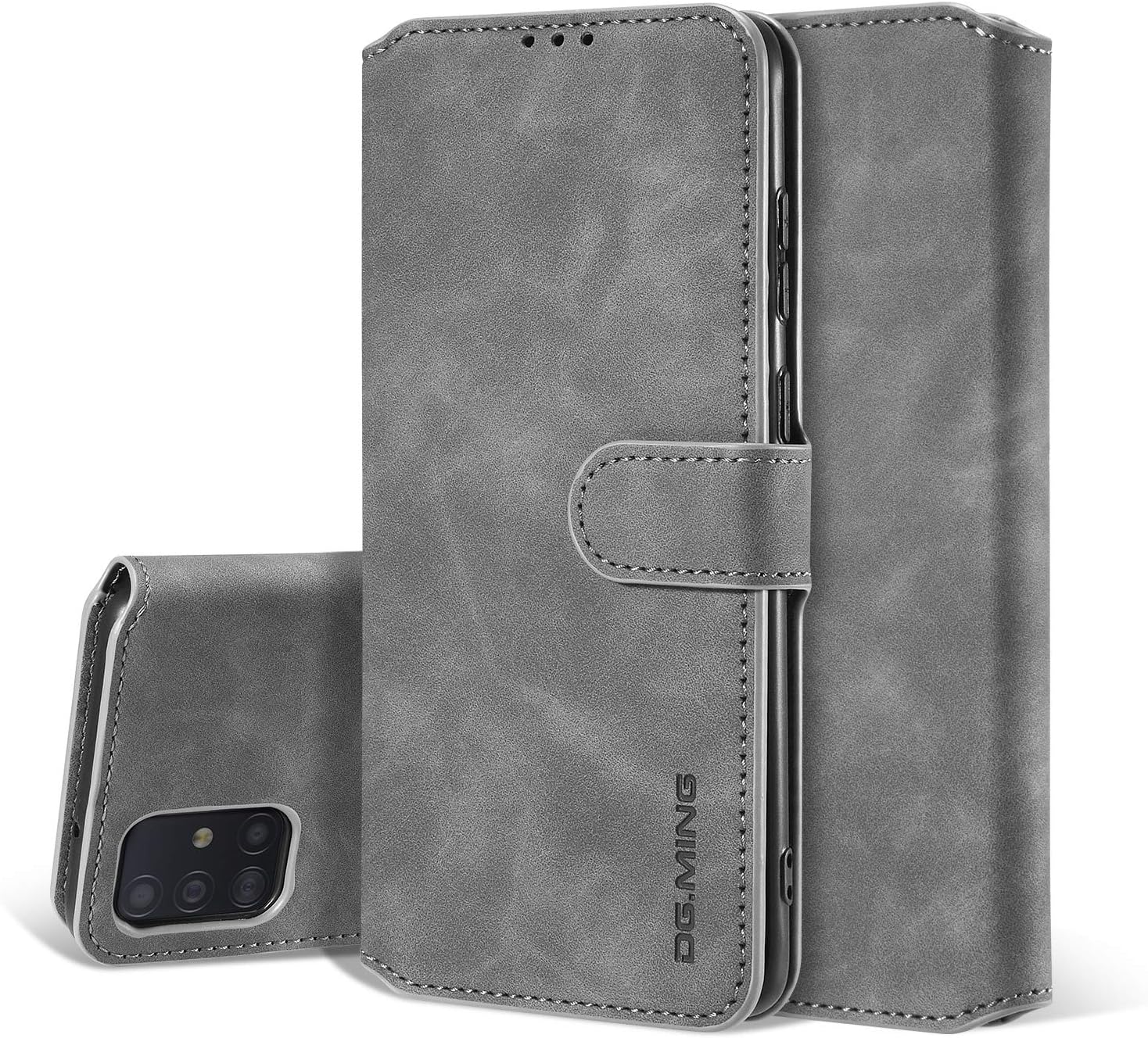 UEEBAI PU Leather Case for Samsung Galaxy A51, Vintage Retro Premium Wallet Flip Cover TPU Inner Shell [Card Slots] [Magnetic Closure] Stand Function Folio Shockproof Full Protection - Grey
