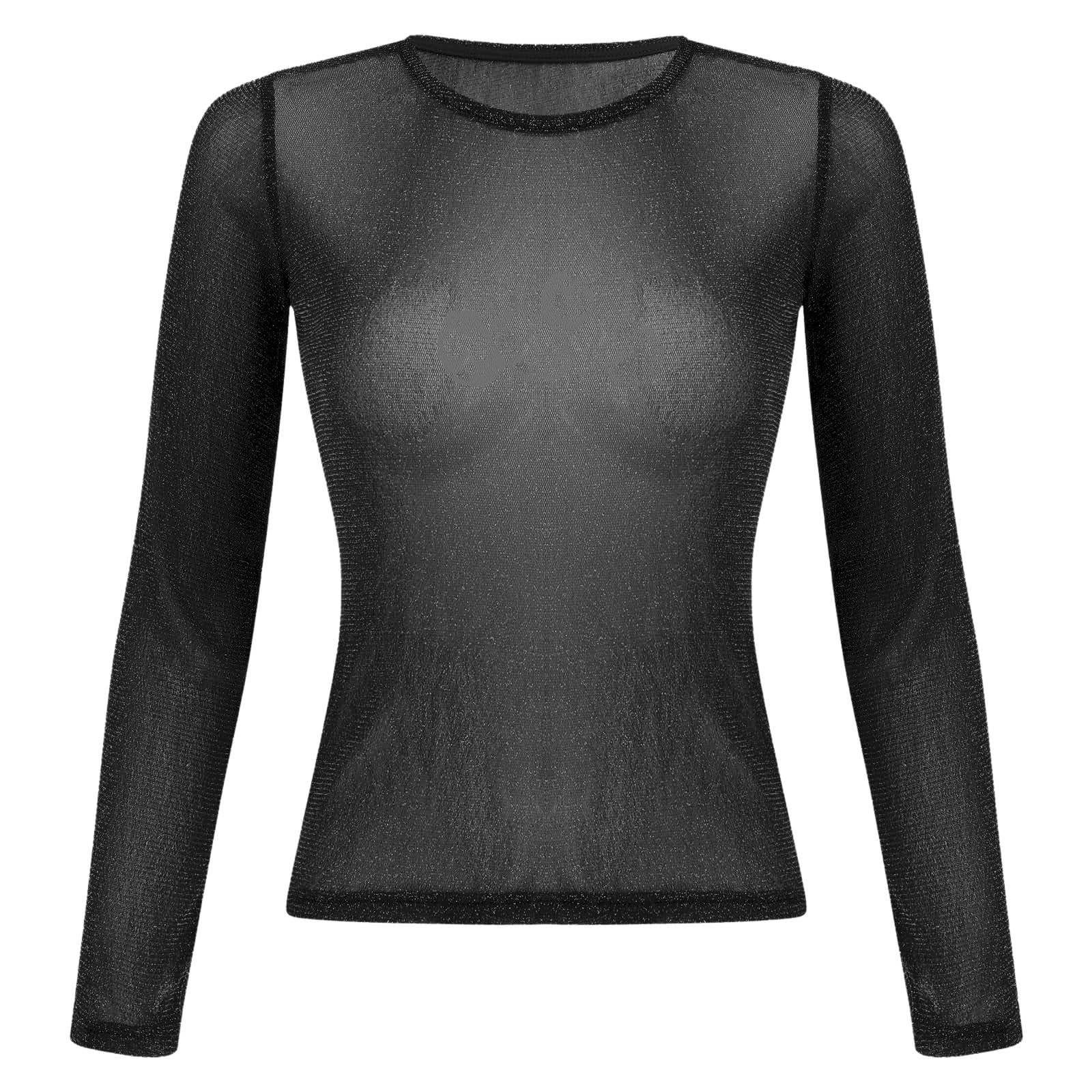 Camiseta Rejilla Mujer Transparente Manga Larga Elástica Body Y2k Rosa