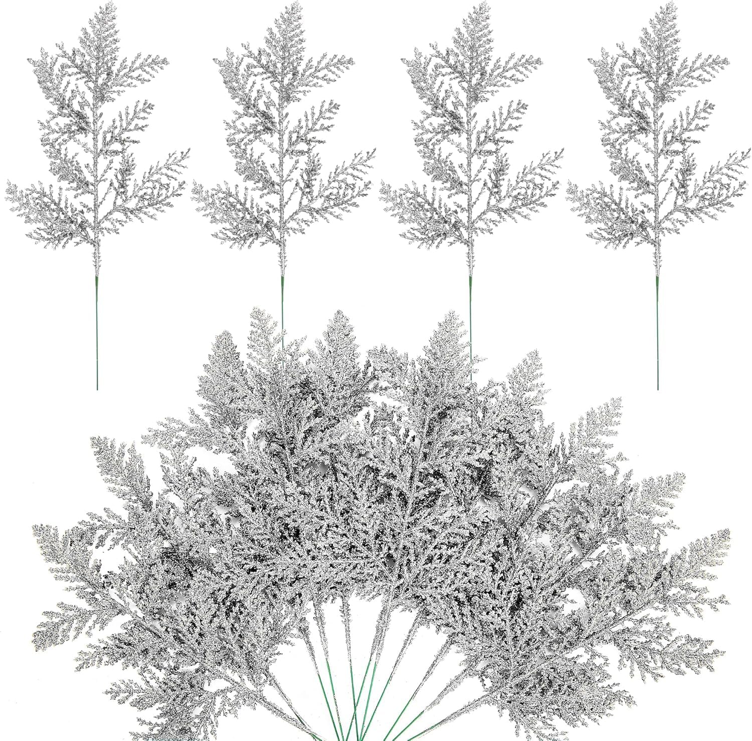 SLEEPHEAD®20PCS Christmas Artificial Pine Needles,Glitter Silver Fake Floral Spray Picks Branches Twig for Xmas Tree Wreath Wedding Bouquet Decoration (Silver)