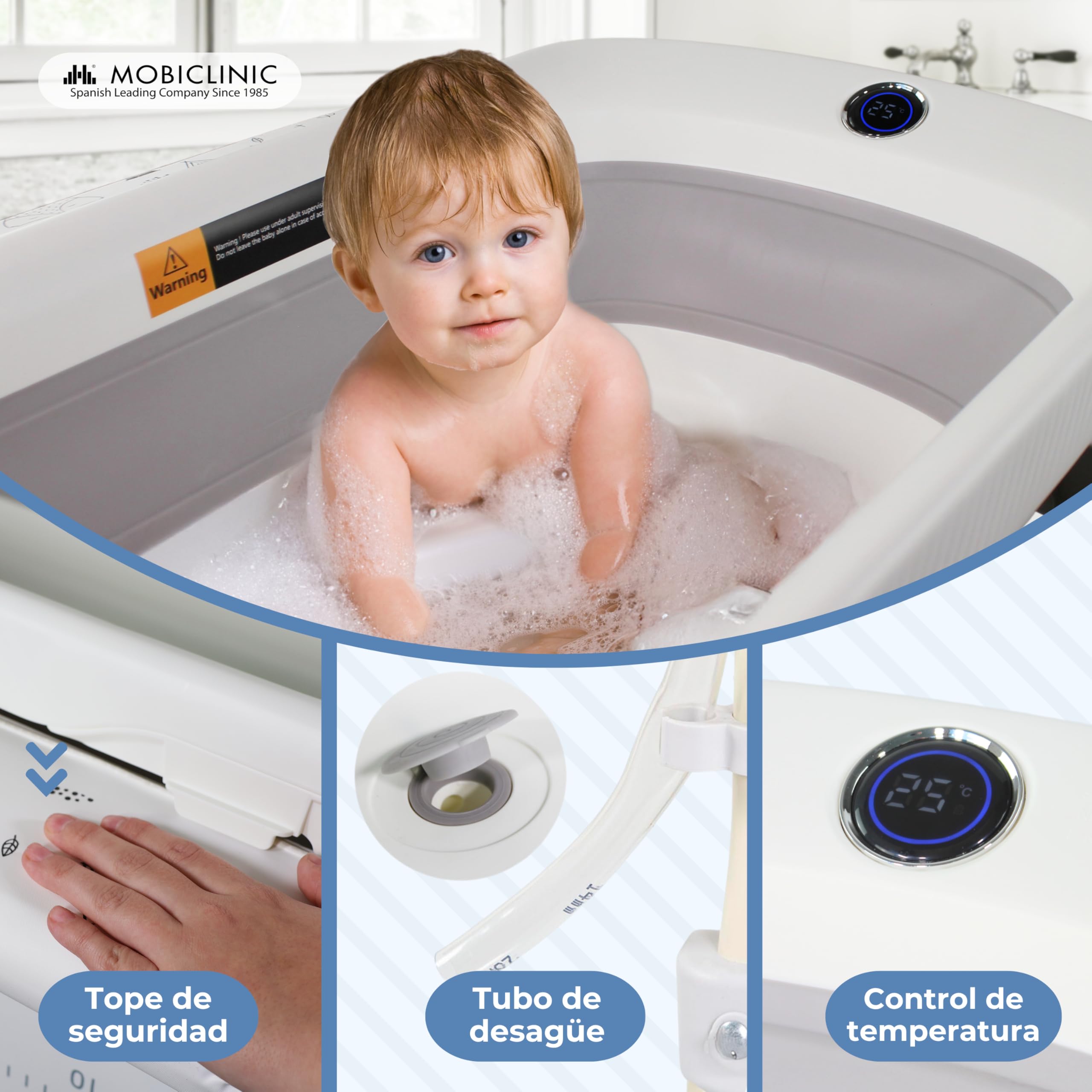 Mobiclinic®, Cambiador de bebés con bañera 2 en 1, Trendy, Ajustable 4 alturas, Termómetro, Ruedas freno, Cesta almacenamiento, Hasta 50 kg, Tubo desagüe, 0-36 meses