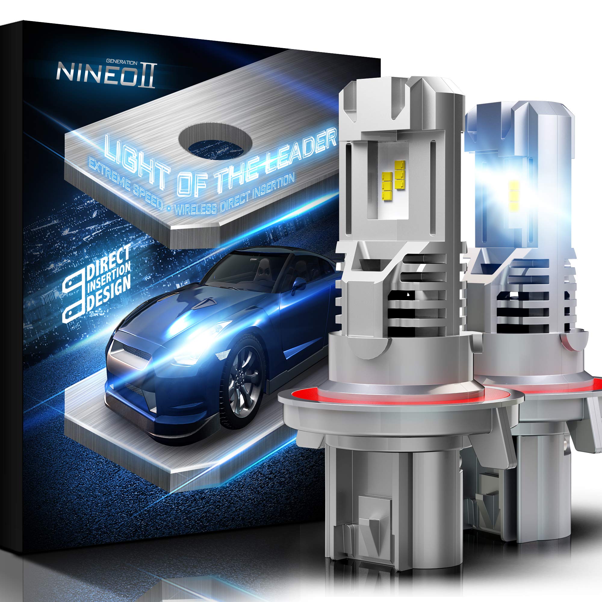 NINEO H13 Led Headlight Bulbs,18000LM 70W 9008 Wireless Lights Direct Insertion ZES Chips w/Small Design Halogen Replacement 6500K Cool White All-in-One Conversion Kits