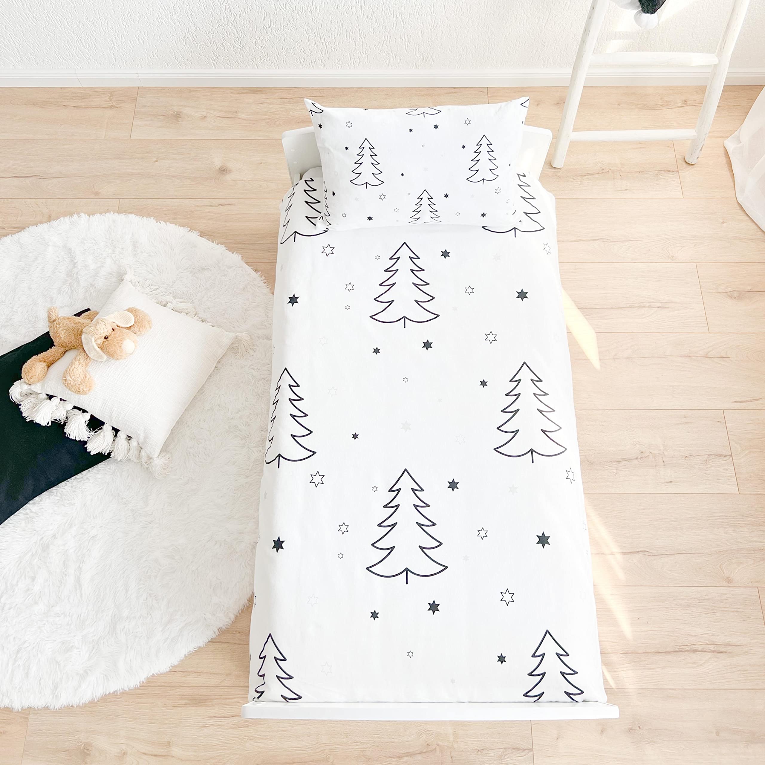 TRAUMHELDEN Biancheria Da Letto Invernale Per Bambini 135x100 Cm - Copripiumino 100x135 + Federa 40x60 Cm, Morbida Flanella 100% Cotone, Motivo Stelle E Albero Di Natale, Certificato Oeko-Tex