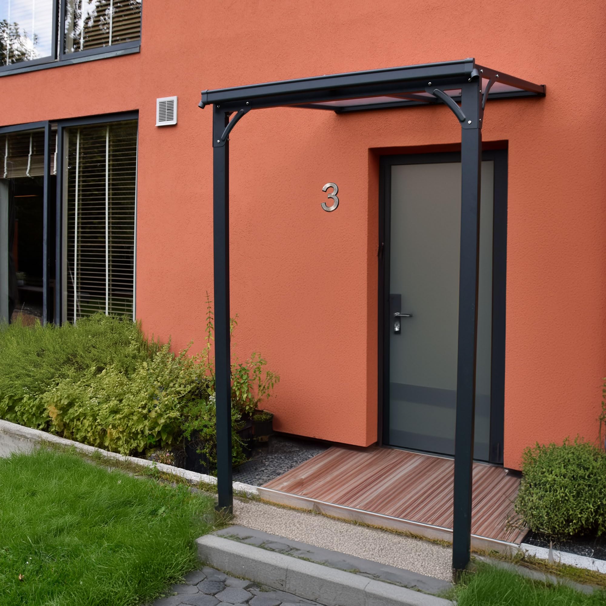 Haustürvordach Aluminium pulverbeschichtet transparentes Dach | Vordach Polycarbonat Überdachung Wasserführung 238 x 150 x 148/150 x 250/261 cm (H x B x T x H-hinten) anthrazit