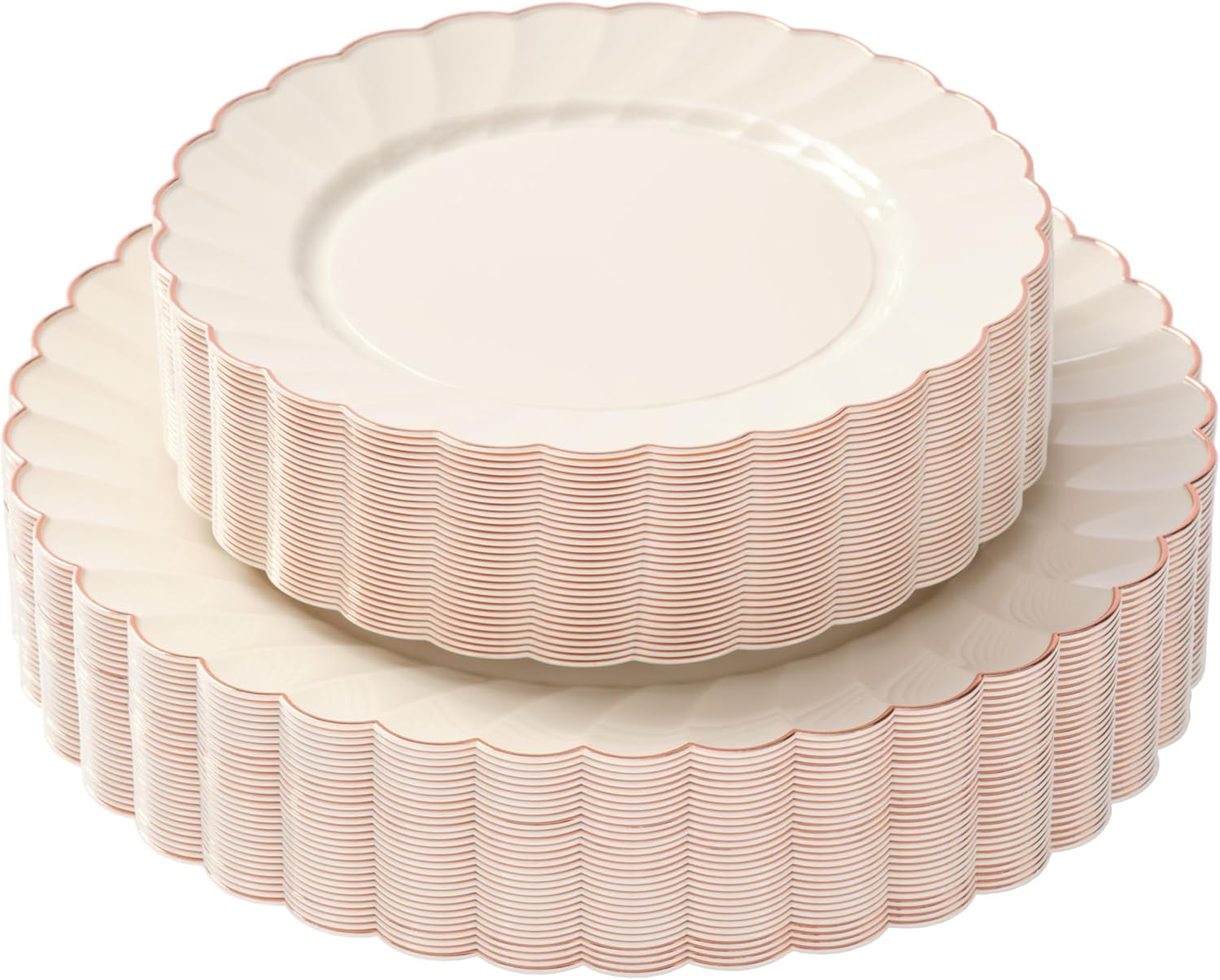 By Madee HEAVYWEIGHT 60 PC Scalloped Ivory Plates with Rose Gold Trim | 30 Dinner & 30 Dessert Plates | Great for Weddings, Showers, Birthdays (30 Guests)