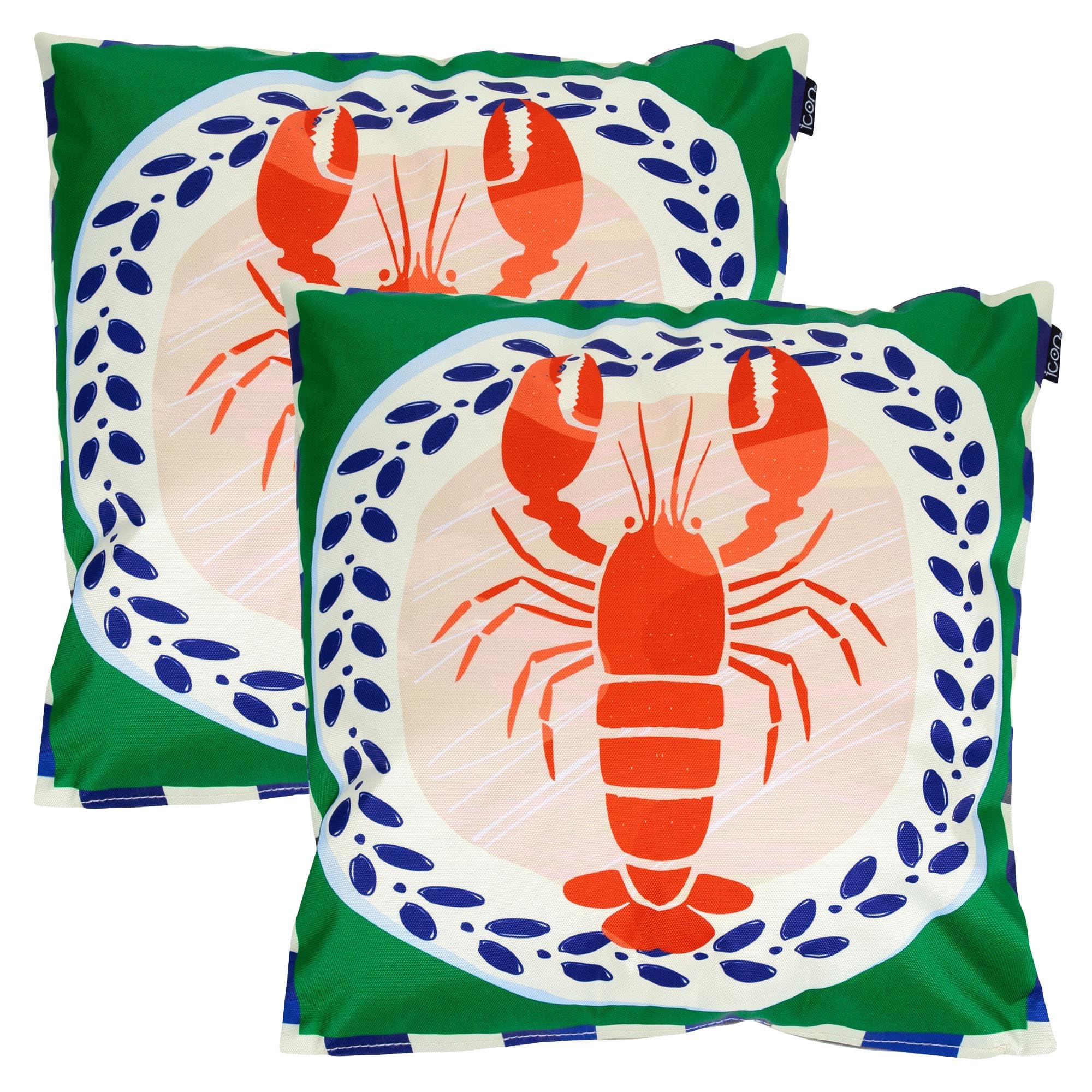icon Indoor Outdoor Cushions Filled, Italian Collection, Lobster Print, Set of 2, 43cm x 43cm, Water Resistant, Green Outdoor Cushions for Garden Furniture, Lounge, Garden, Patio