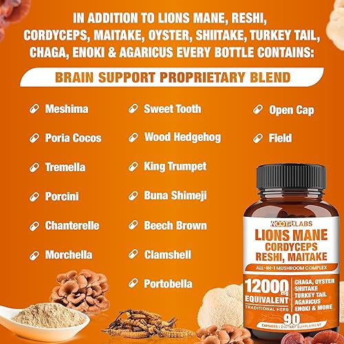 Miniatura 6 de Complejo de hongos 12000 mg Cápsulas - Melena de león, Cordyceps, Reshi, Maitake - Cerebro nootrópico, aumenta la memoria, la energía, la función