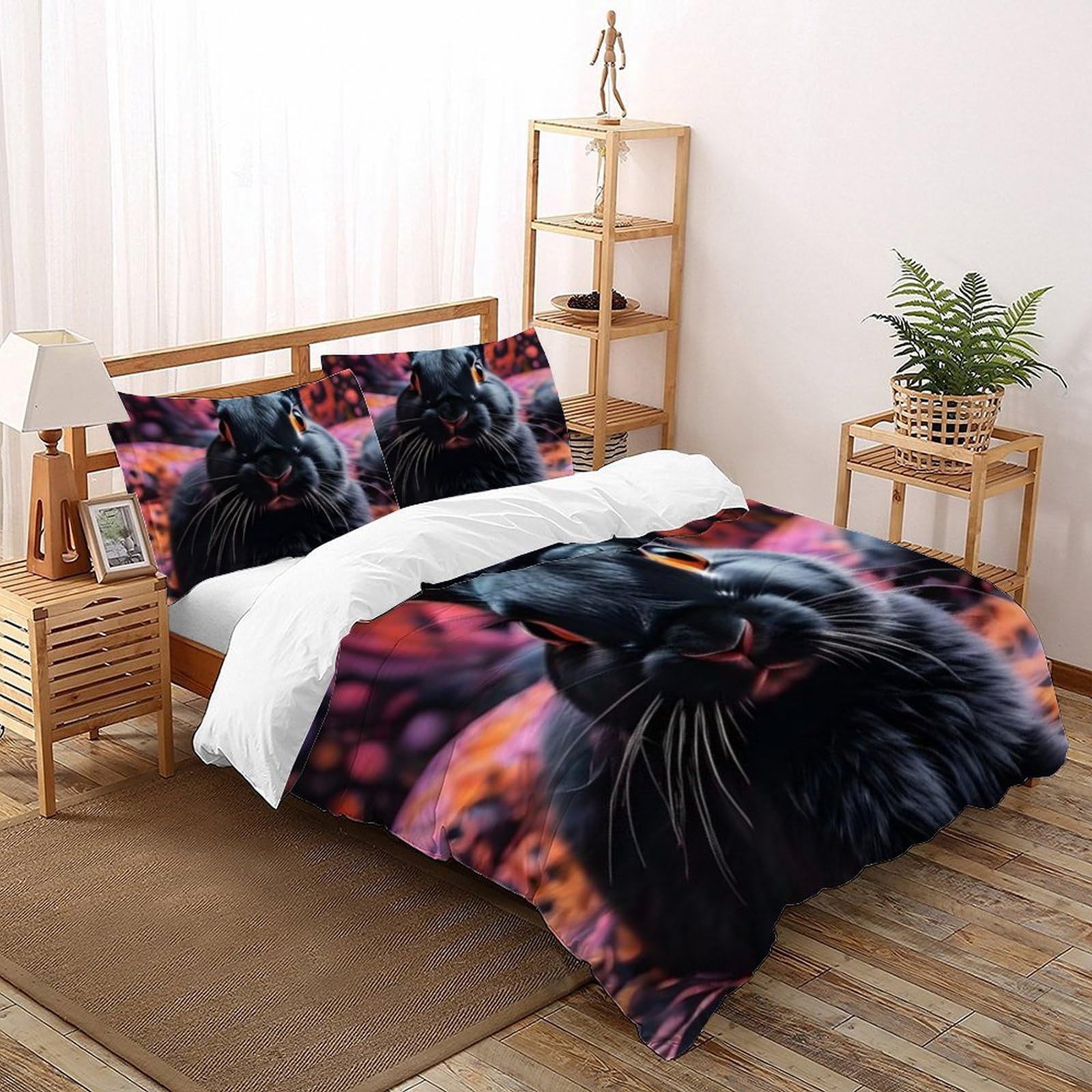 Housse de couette Super King Lapin Noir imprimé 3D avec 2 taies d'oreiller 260x220cm