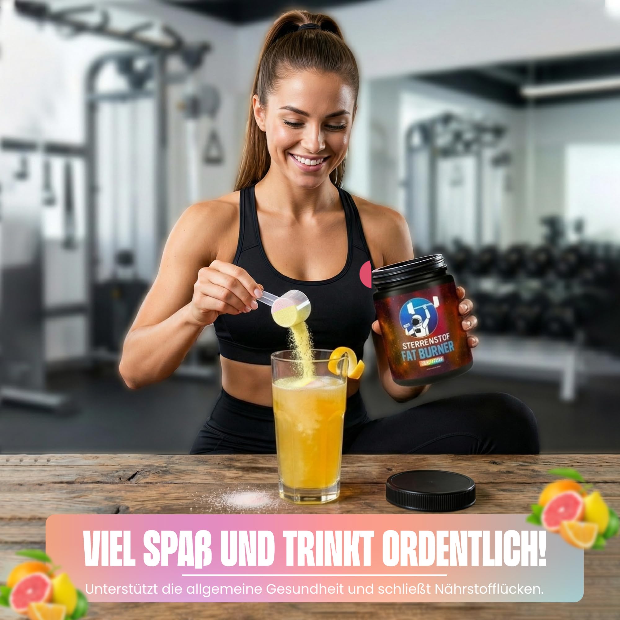 Sterrenstof Fat Burner – Funkige Zitrusfrüchte – Fettverbrenner Appetitzügler mit L-Carnitin, L-Tyrosin, L-Theanin, Grüntee-Extrakt, Koffein – Schnell abnehmen, Diät, 300g Pulver, 50 Portionen