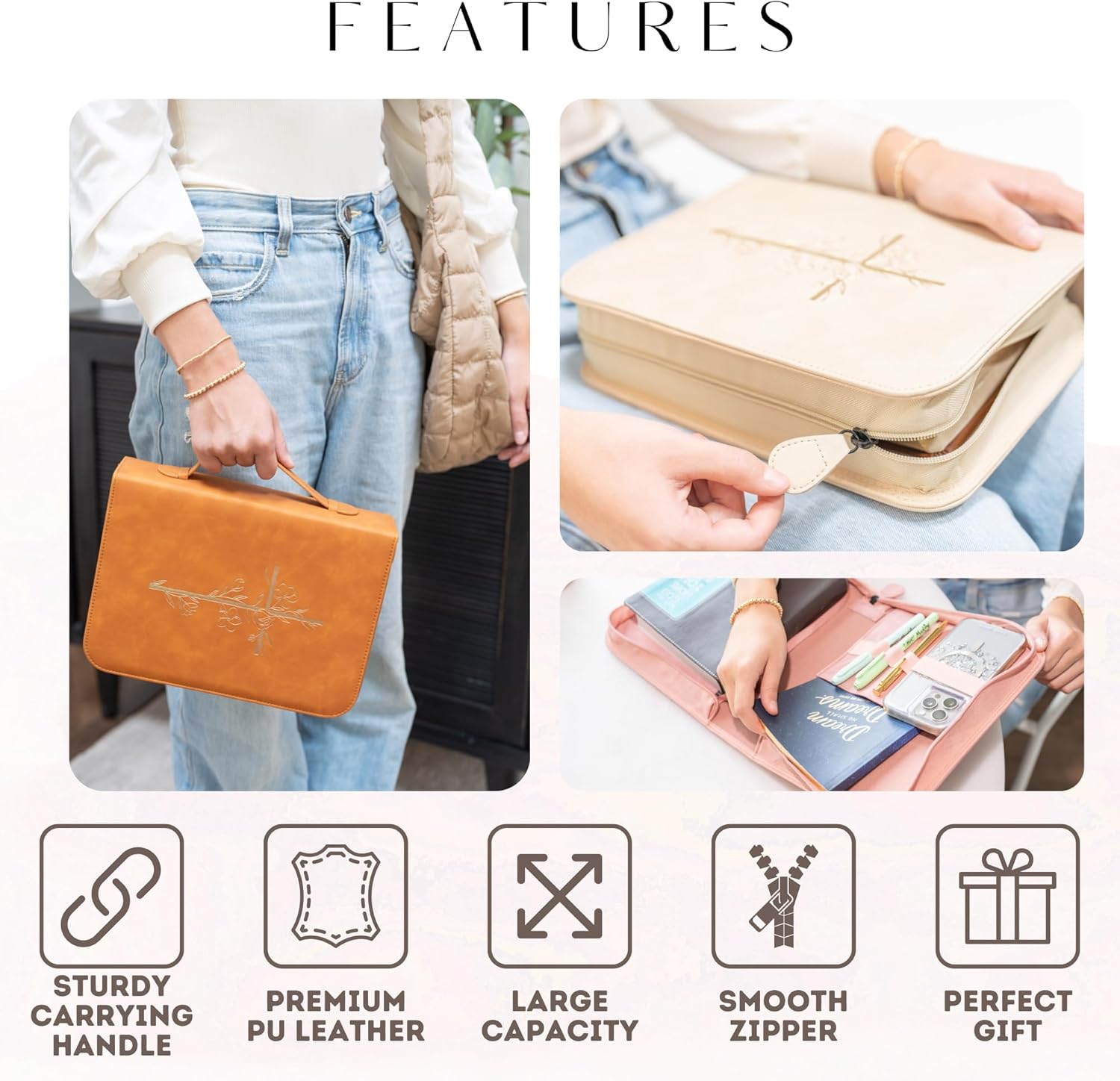 Bible Cover Case for Women – PU Leather Large Bible Case with Minimalist Debossed Design – Christian Bible Accessories for Girls & Women (Beige/Gold) - Image 4
