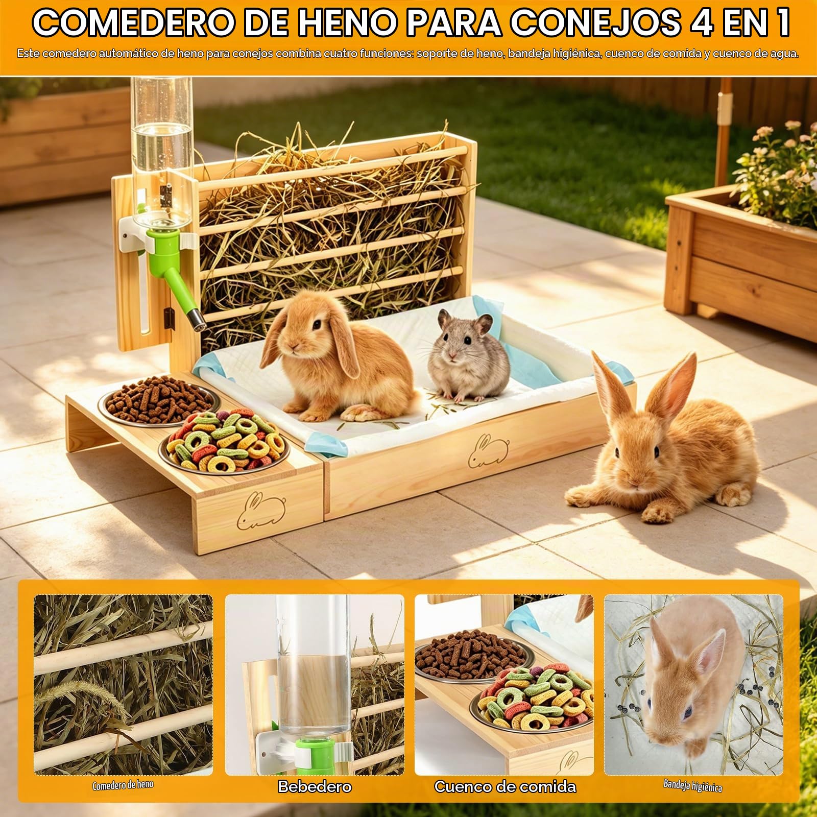 4 en 1 Comedero de Heno de Conejo, Dispensador de Comida para Heno de Conejo con Inodoro, Comedero y Botella de Agua, Comedero de Heno de Madera para Conejos, Cobayas, Hámster, Chinchilla