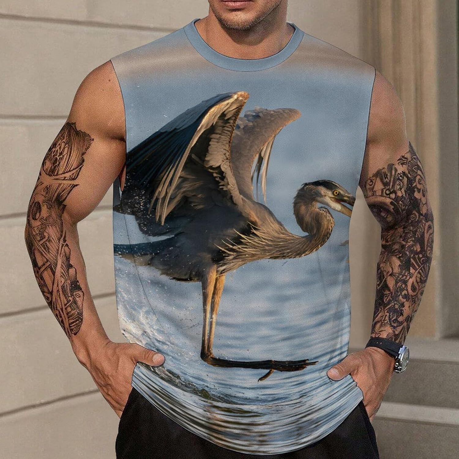 Heron Catching Fish Men Summer Sleeveless Crew Neck Top 5XL