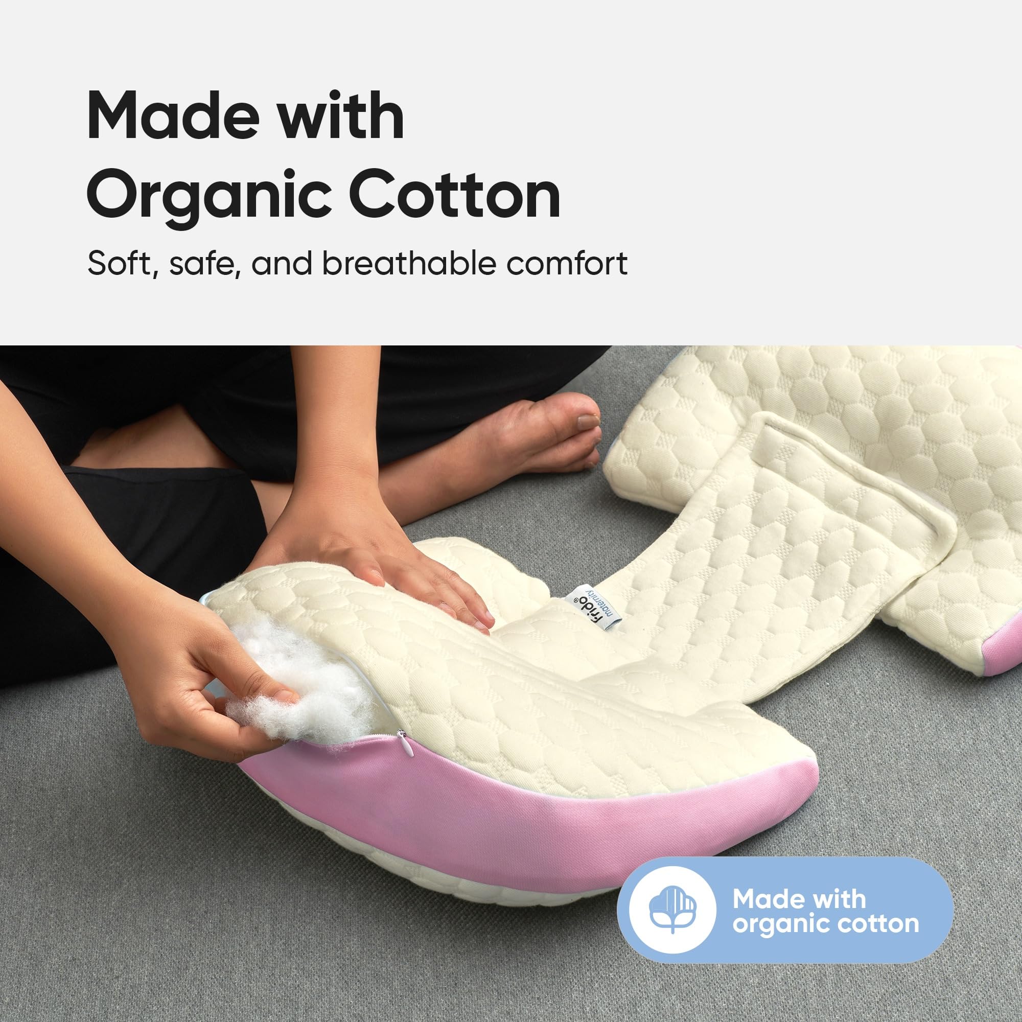 Frido Maternity Pillow | Dual Pregnancy Wedge Pillows for Back & Belly Support | Adjustable Butterfly Design | Travel-Friendly Pregnancy Pillow | Hypoallergenic Organic Cotton Cover, Baby Pink Product Image 6