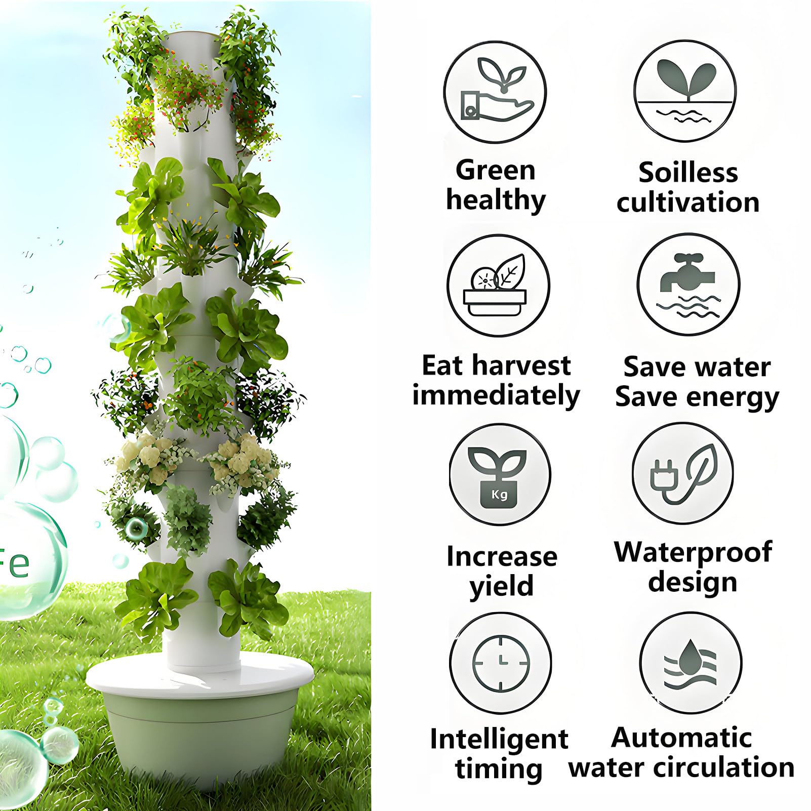Sistemas de Cultivo Hidropónico Vertical Torre Hidropónica Jardín con Bomba Hidratante y Tanque de Agua Móvil Kit de Cultivo Aeropónico para Hierbas de Interior Frutas Verduras Black-9Layer
