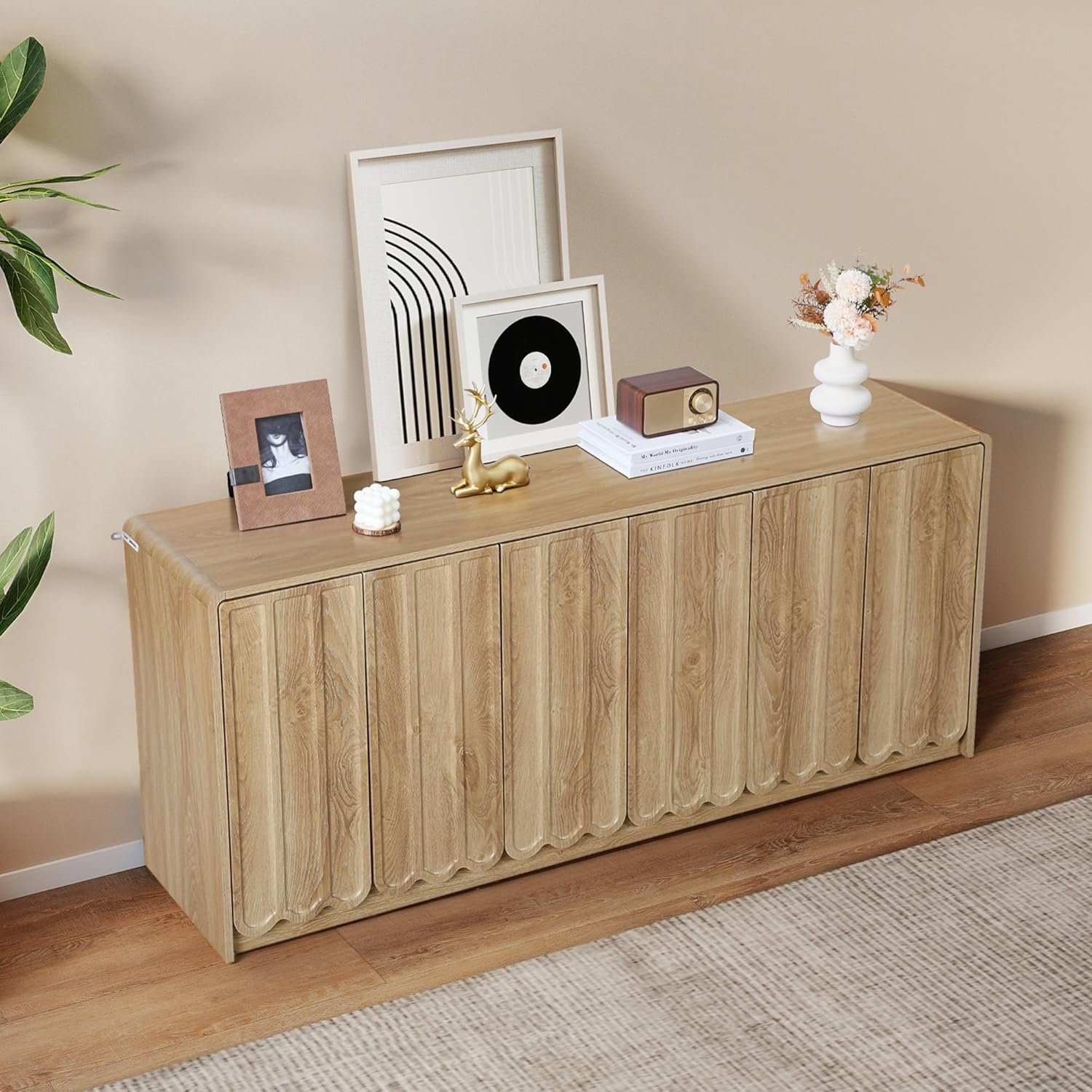 ORRD Sideboard Buffet Cabinet with Storage, Low Storage Cabinet Modern Wooden Accent Credenza Console Table TV Stand with 6 Wave Panel Doors for Kitchen Dining Living Room Entryway, Natural