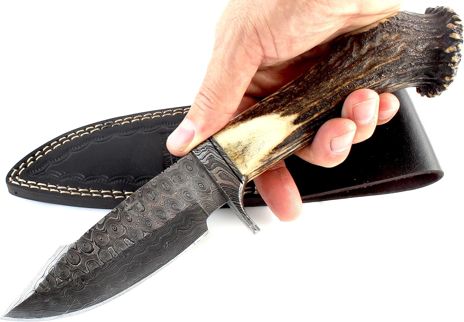 Moorhaus Handmade Damascus Bushcraft Hunting EDC 11" Knife with Leather Sheath Stag Handle