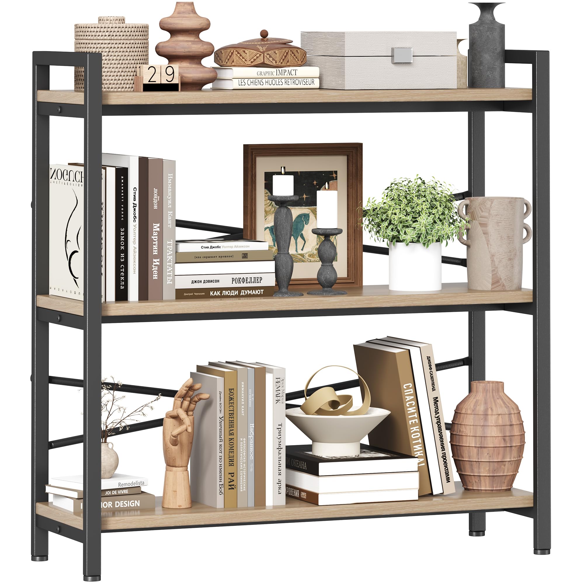 Book Shelf, 3 Tier Bookshelf 31.49" Width, Book Shelf Storage and Organization, Wooden and Metal Industrial Bookcase, Large Book Shelves for Home