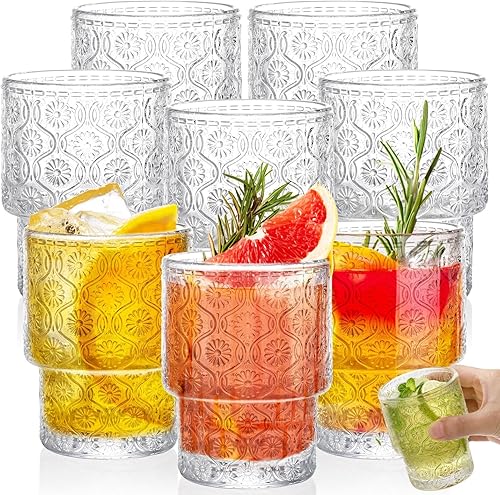 AVLA Paquete de 8 vasos vintage para beber, vaso romántico de jugo de agua de 7 onzas, transparente, apilable, para café, cóctel, bar, bebidas, té,