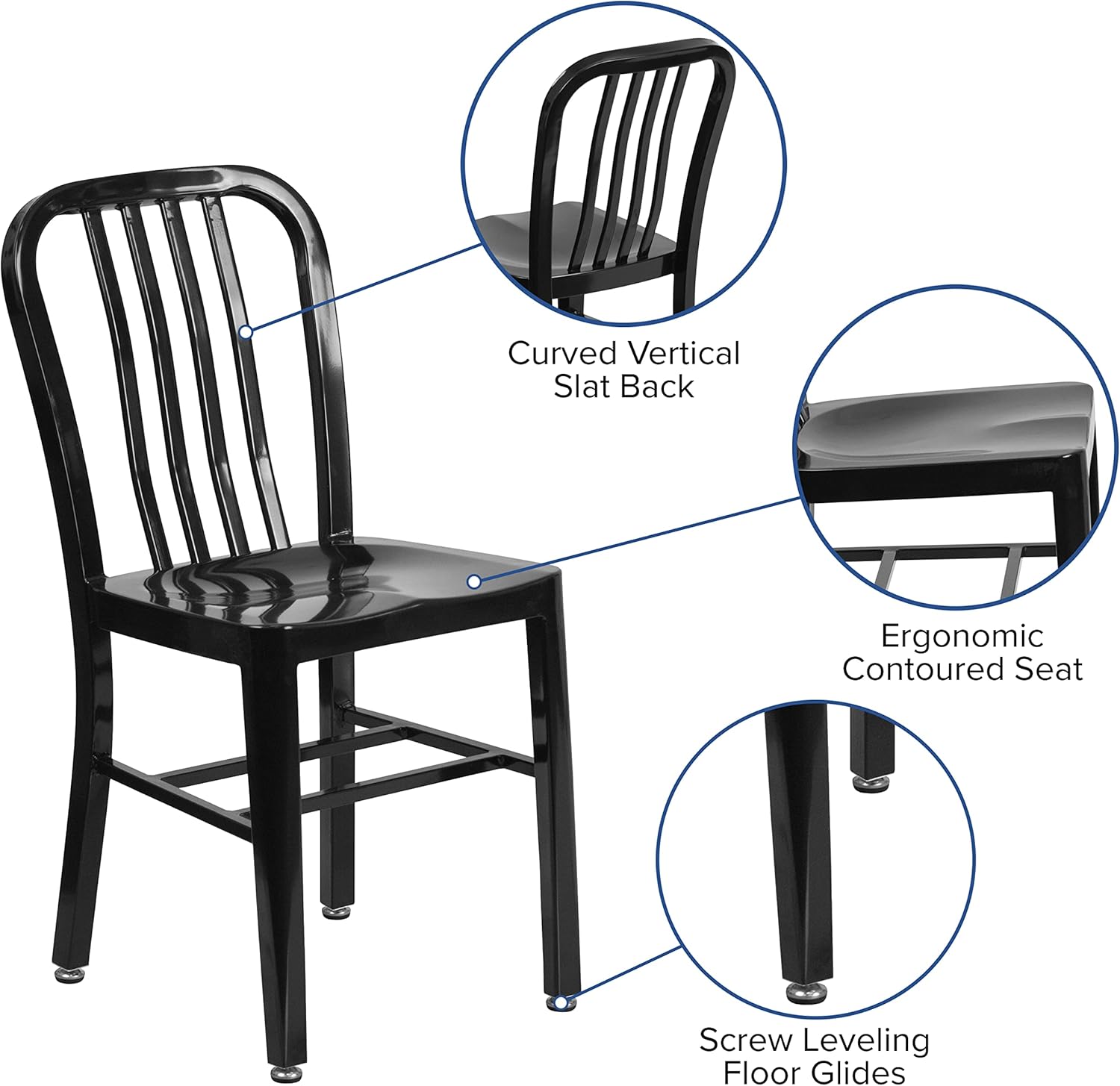 Diagram showing chair features: curved vertical slat back, ergonomic contoured seat, and screw leveling floor glides